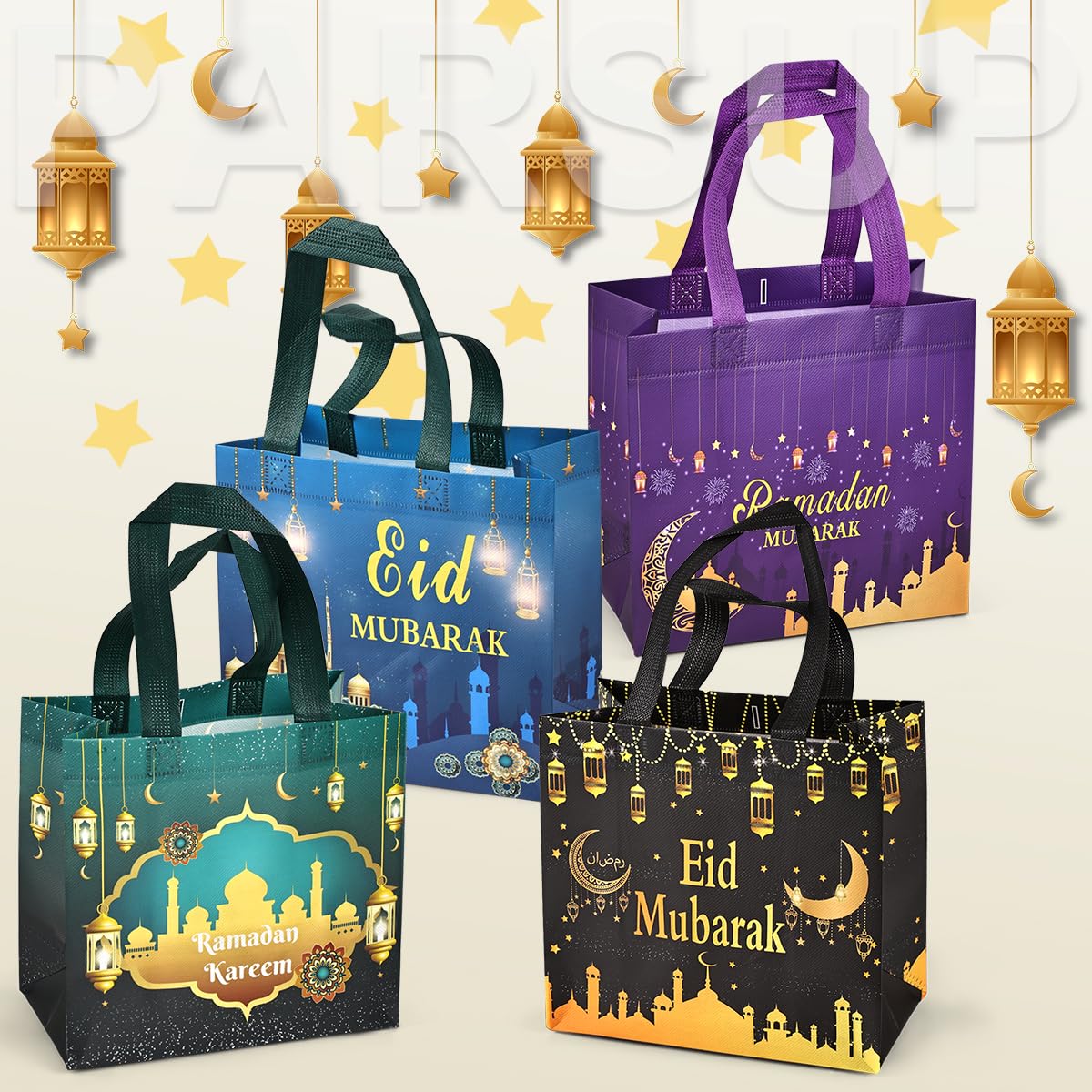 PARSUP 16PCS Eid Mubarak Reusable Gift Bags, Treat Bags with Handles, Ramadan Mubarak Party Bags, Multifunctional Non-Woven Eid Bags for Gifts Wrapping, Ramadan Kareem Party Supplies, 9.2"×8.7"×4.3"