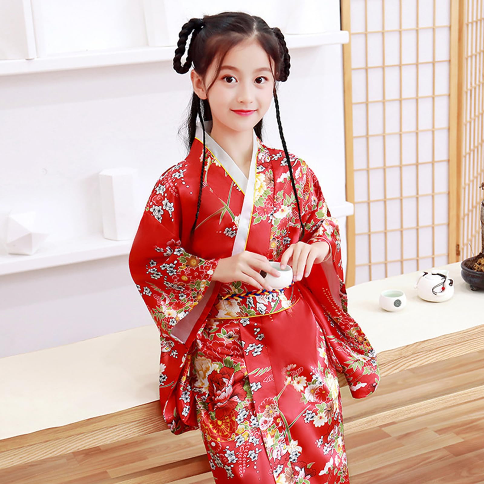 Kimono japonés de anime para niños, disfraz de cosplay para niñas, conjunto de falda tutú con máscara de zorro