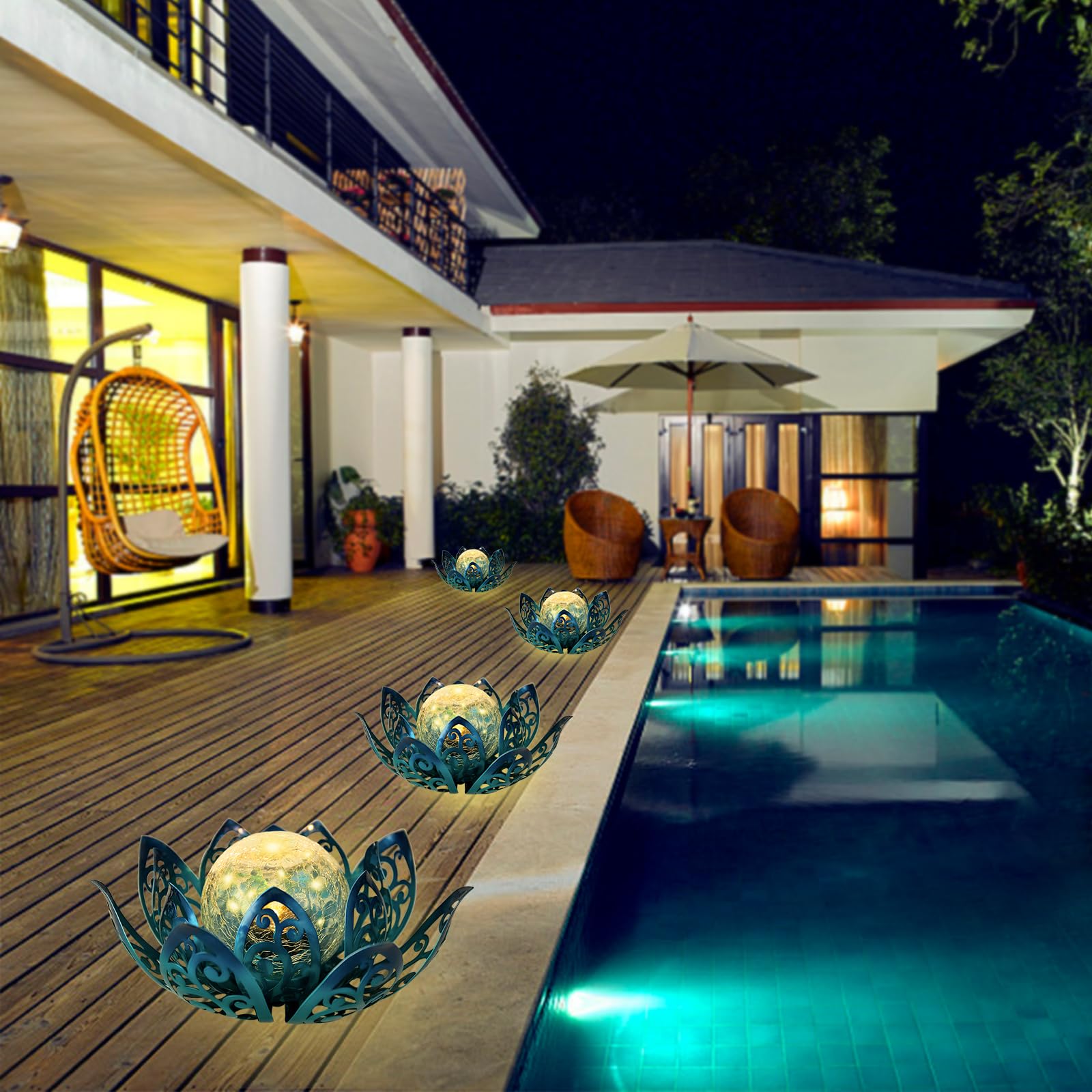 Luces solares para exteriores, lámpara de loto para decoración de jardín, farol solar de cristal agrietado de metal, impermeable, luz LED de mesa para patio, césped, pasarela, mesa, camino 9
