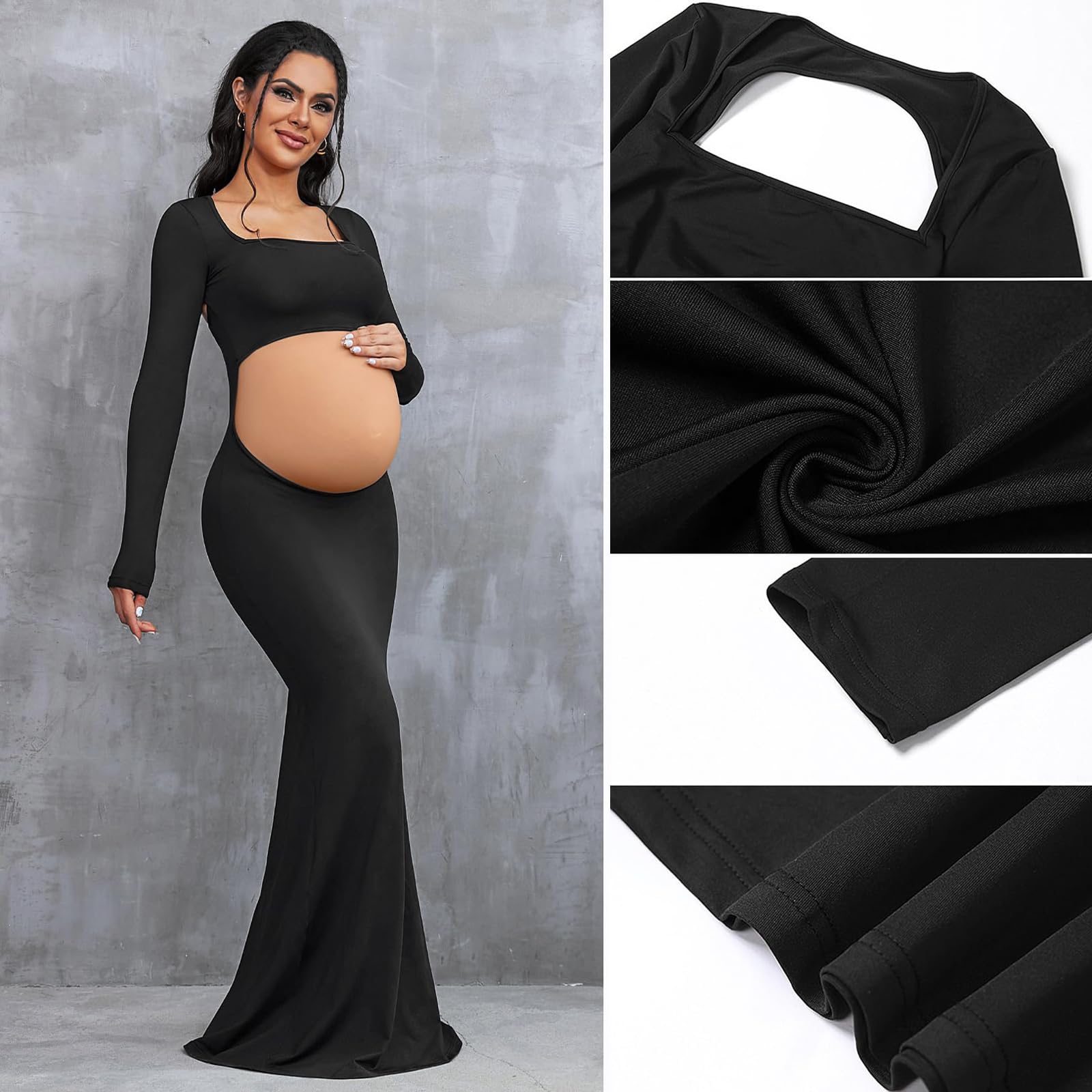 Vestido Largo de Maternidad Mujer para Fotografia Vestidos Premamá Falda Larga Manga Cuello Cuadrado Vestidos de Embarazo Shooting Foto sin Espalda Maxi Vestido de Fiesta