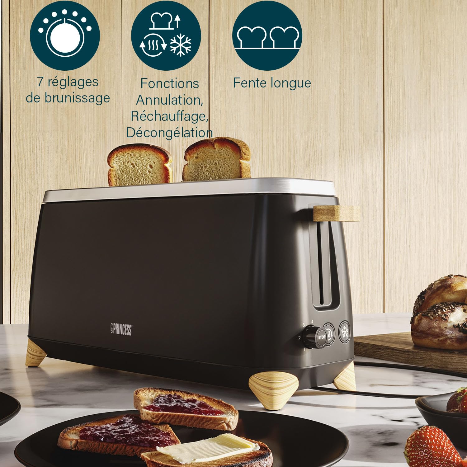 Grille-pain Princess Pure - Pour 2 tranches en même temps - 7 niveaux de brunissage - Annulation, réchauffage et décongélation - 800-1000 W - Noir