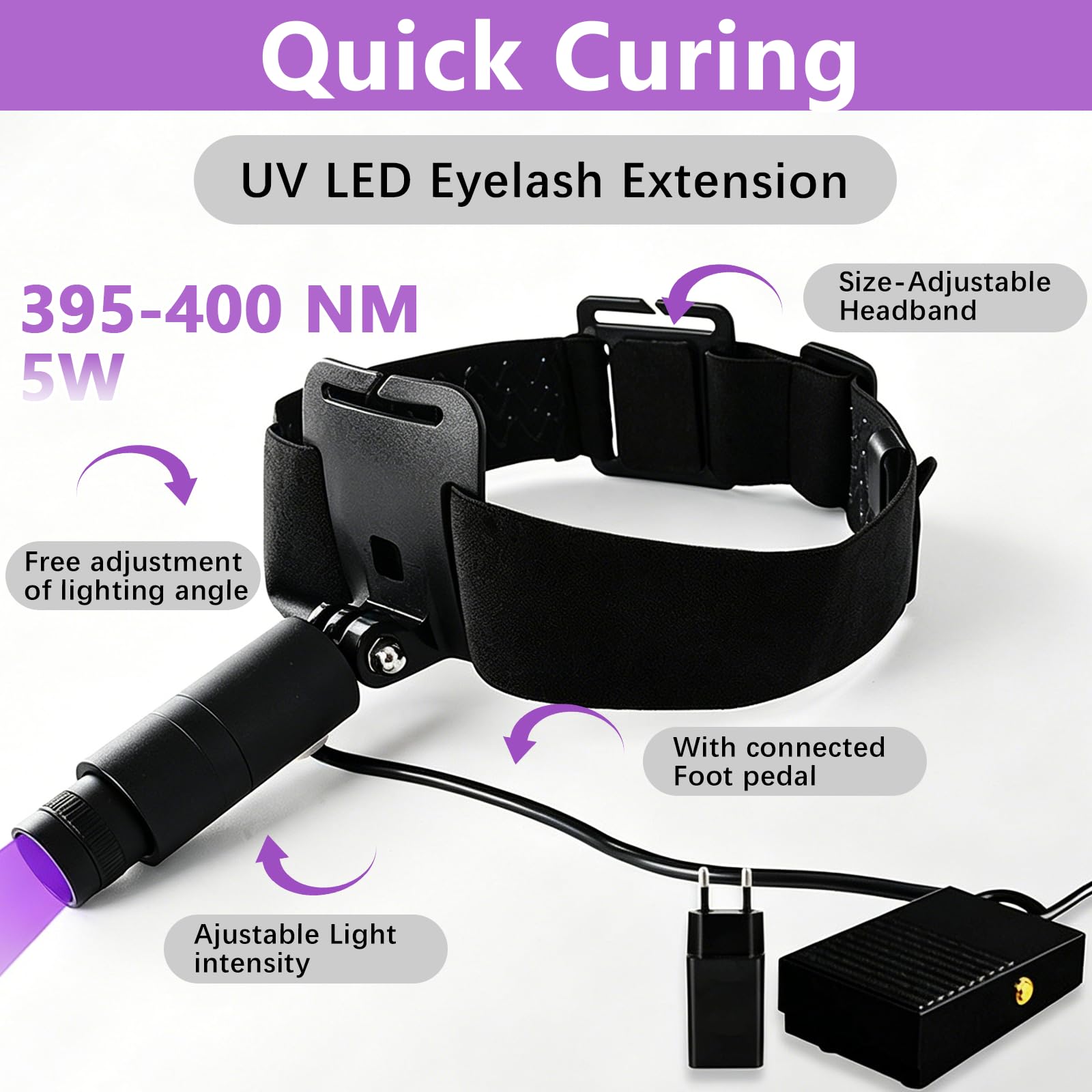 Wimpern Lampe Tragbar, 6W UV Wimpernlampe mit 1-2 Sekunden Ausgehärtet Kosmetiklampe Einstellbare Wimpernlicht für Wimpernverlängerung mit Wimpernaufkleber Fußschalter Schutzbrille