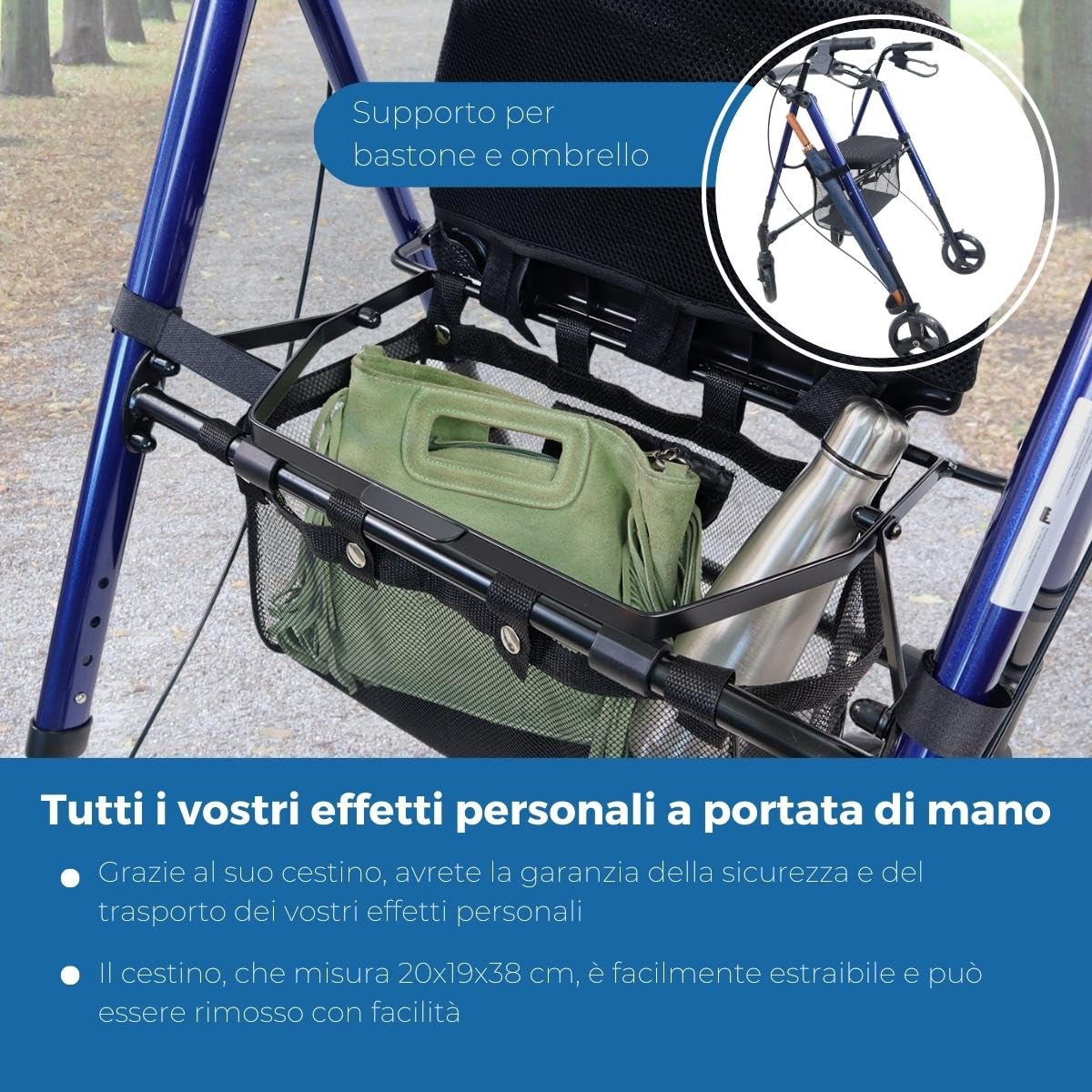 Mobiclinic®, Deambulatore per anziani, Pieghevole, Leggero, Augusto, Alluminio, Con cestino, Regolabile, Gambe e maniglie regolabili, Marchio europeo, Seduta 4 ruote, Adulti o disabili