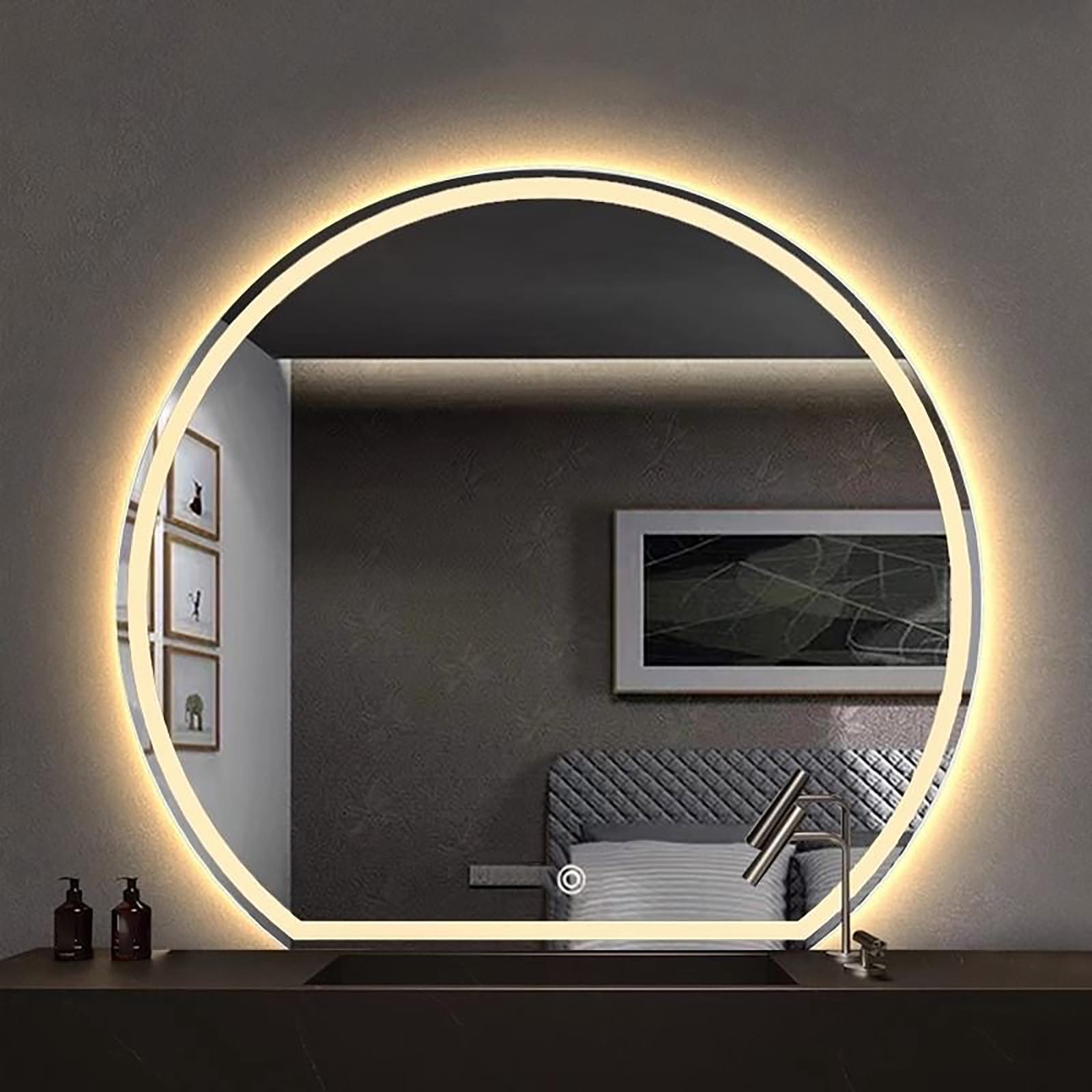 FGXHHS LED Semi-Circular Vanity Mirror with 3 Color Changing Lights, HD Explosion-Proof, Backlit Illuminated Wall for Modern Bathrooms, Shaving & Makeup, 70x63cm