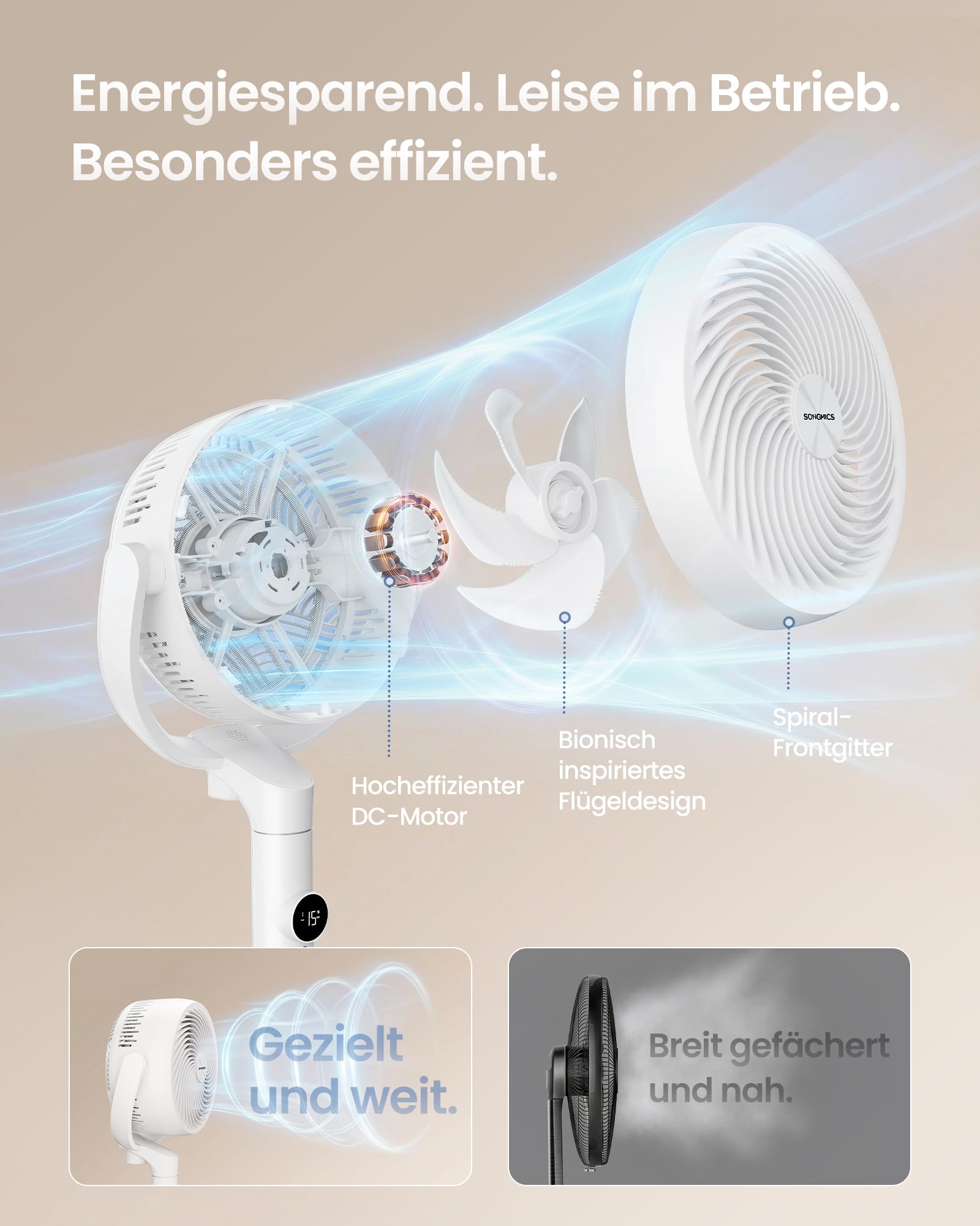 SONGMICS Standventilator, Ventilator leise 20 dB mit Fernbedienung, Luftzirkulator 120° und 135° Oszillation, 15 Geschwindigkeiten, 15 Std. Timer, 3 Modi, höhenverstellbar, wolkenweiß XFC002W1EU