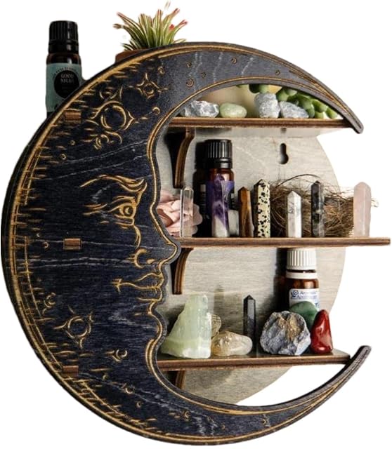 Moon Shelf Wooden Crescent Moon Shelf Wall Decor Crystal Display Shelf Wall-mounted Crystals Holder for Essential Oil Shelf in Living Room Gothic Decor