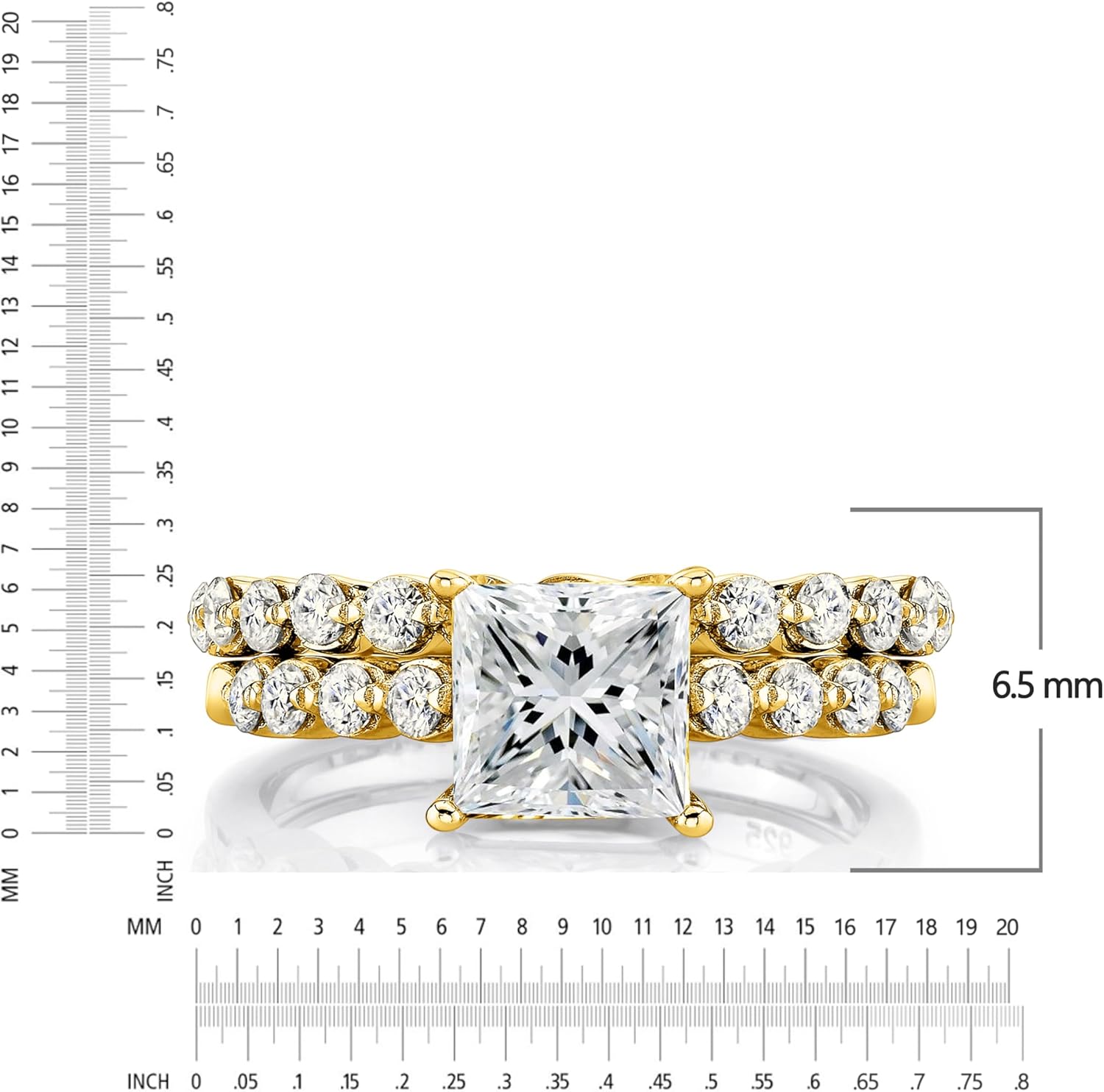 Metal Masters 2.10Ct. Princess-Cut Moissanite Cathedral Wedding Bridal Set Engagement Ring 18K Yellow Gold over Silver