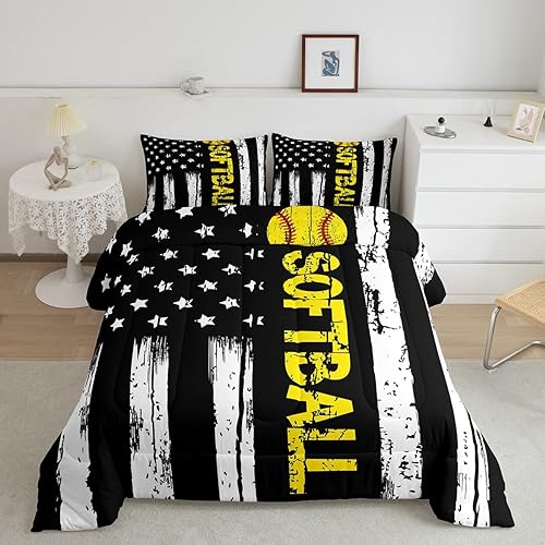 Juego de edredón de la bandera de Estados Unidos, juego de ropa de cama de béisbol, sóftbol, tamaño Queen, blanco y negro con estrellas acolchadas,