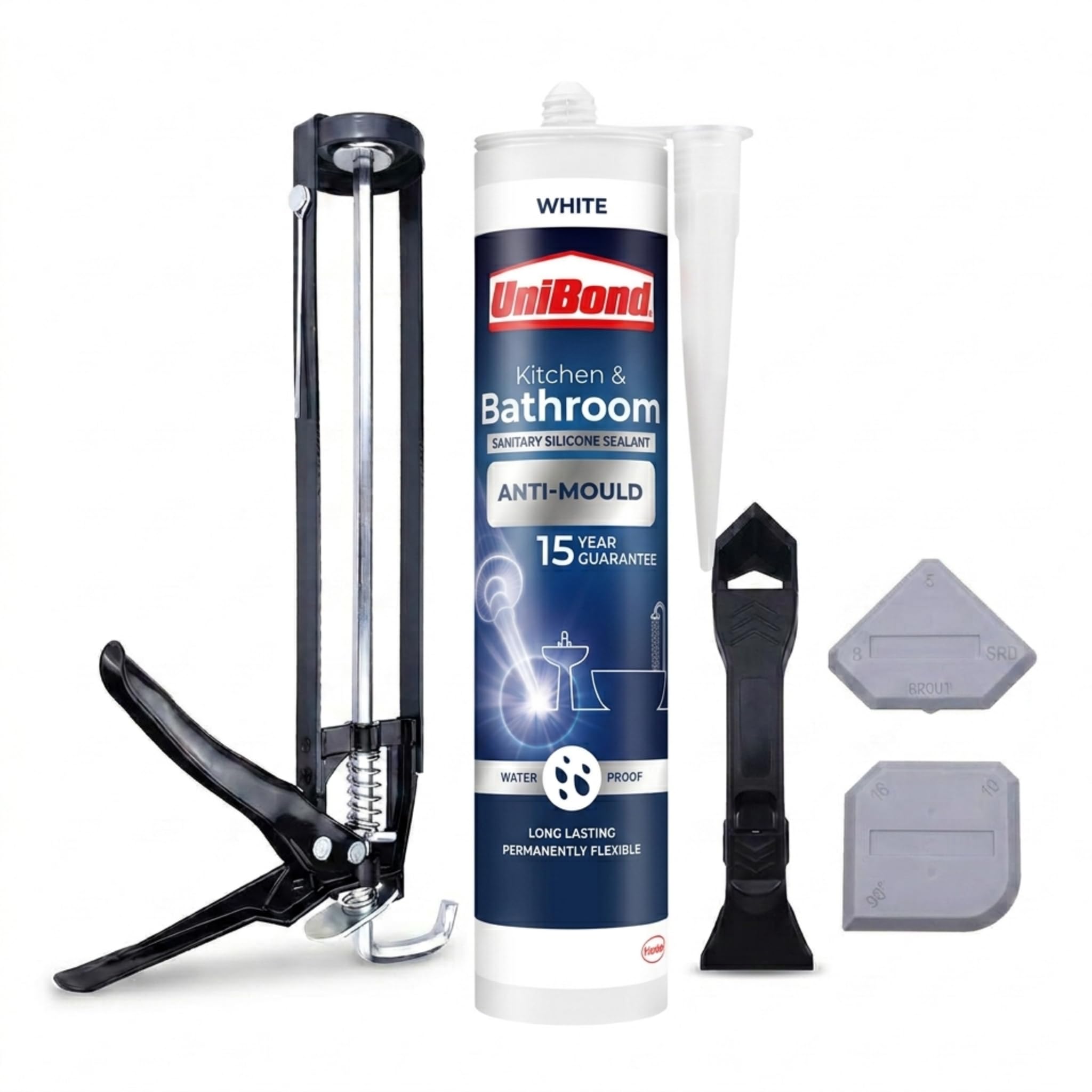 Silicone Sealant Kit with UniBond Anti-Mould Kitchen & Bathroom Sealant 274g, Cartridge Gun, Sealant Remover Tool & Finishing Tool Set – Complete Application Bundle for Bathrooms & Kitchens