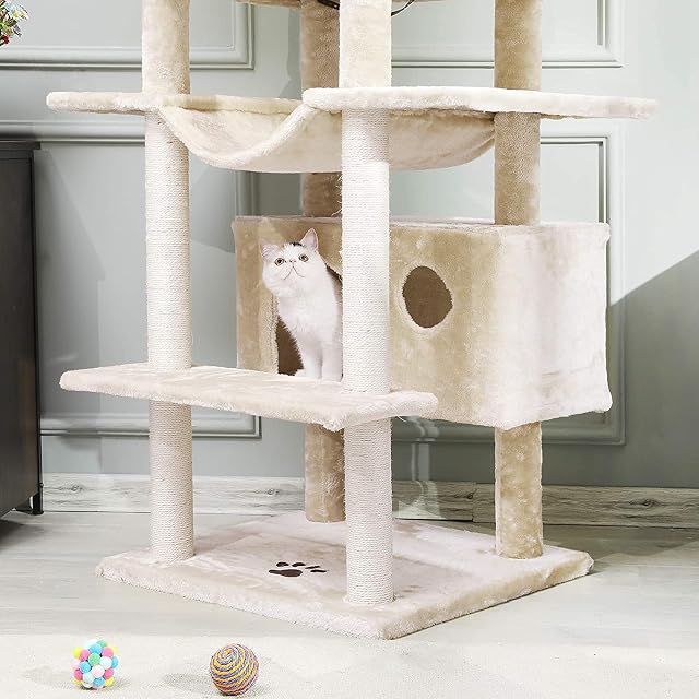 Foto 4 de 6 de MSmask Árbol rascador grande XXL, 175 cm, estable, con 3 grandes plataformas, barras de sisal (beige)