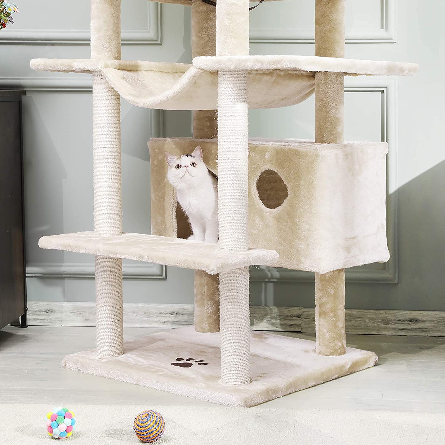 MSmask, Tiragraffi grande, in formato XXL, 175 cm, stabile, con 3 grandi piattaforme di osservazione, per gatti di grandi dimensioni, elementi tiragraffi in sisal (beige)