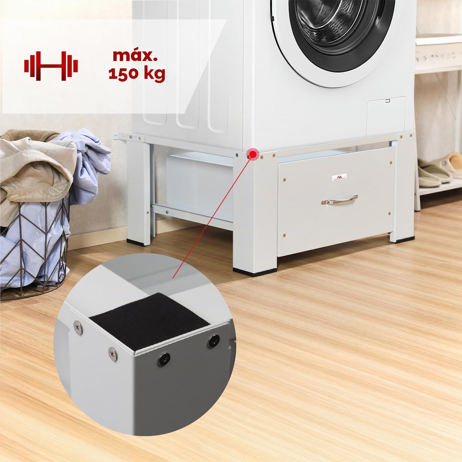 Maclean MC-117W Base para lavadora secadora con cajón incorporado de alta estabilidad hasta 150 kg 63 × 54 cm blanco ergonómico