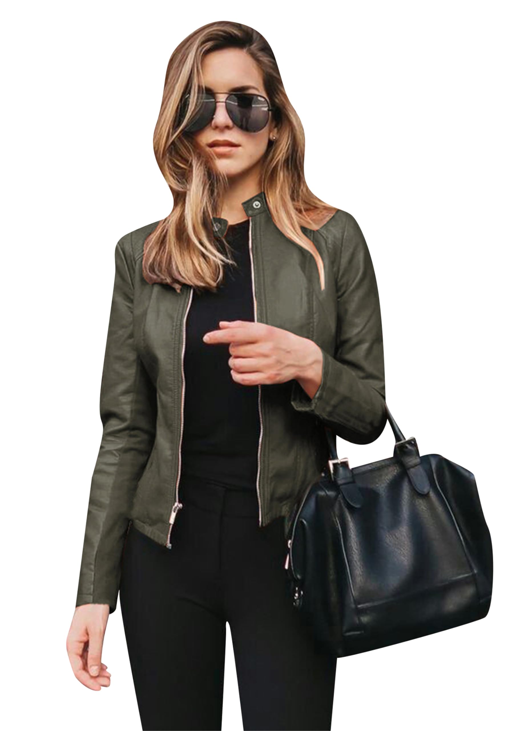 Womens Long Sleeve Fall Jacket Zipper Solid Color Blazer Casual Faux Leather Coat