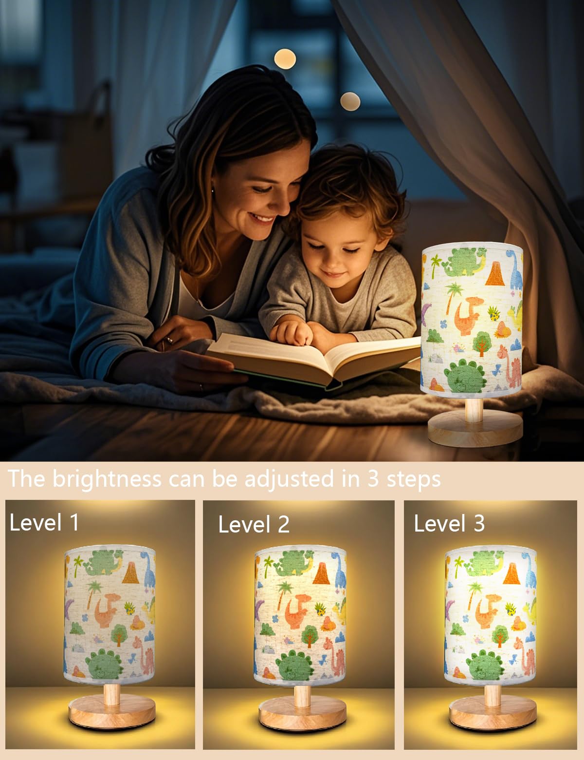 Kinder-Tischlampe für Schlafzimmer, Dinosaurier-Raumdekoration für Jungen, 3 Ebenen, dimmbar, Holz, Nachttisch, Schreibtischsockel, Flachsstoff, Lampenschirm für Schlafzimmer, Wohnzimmer