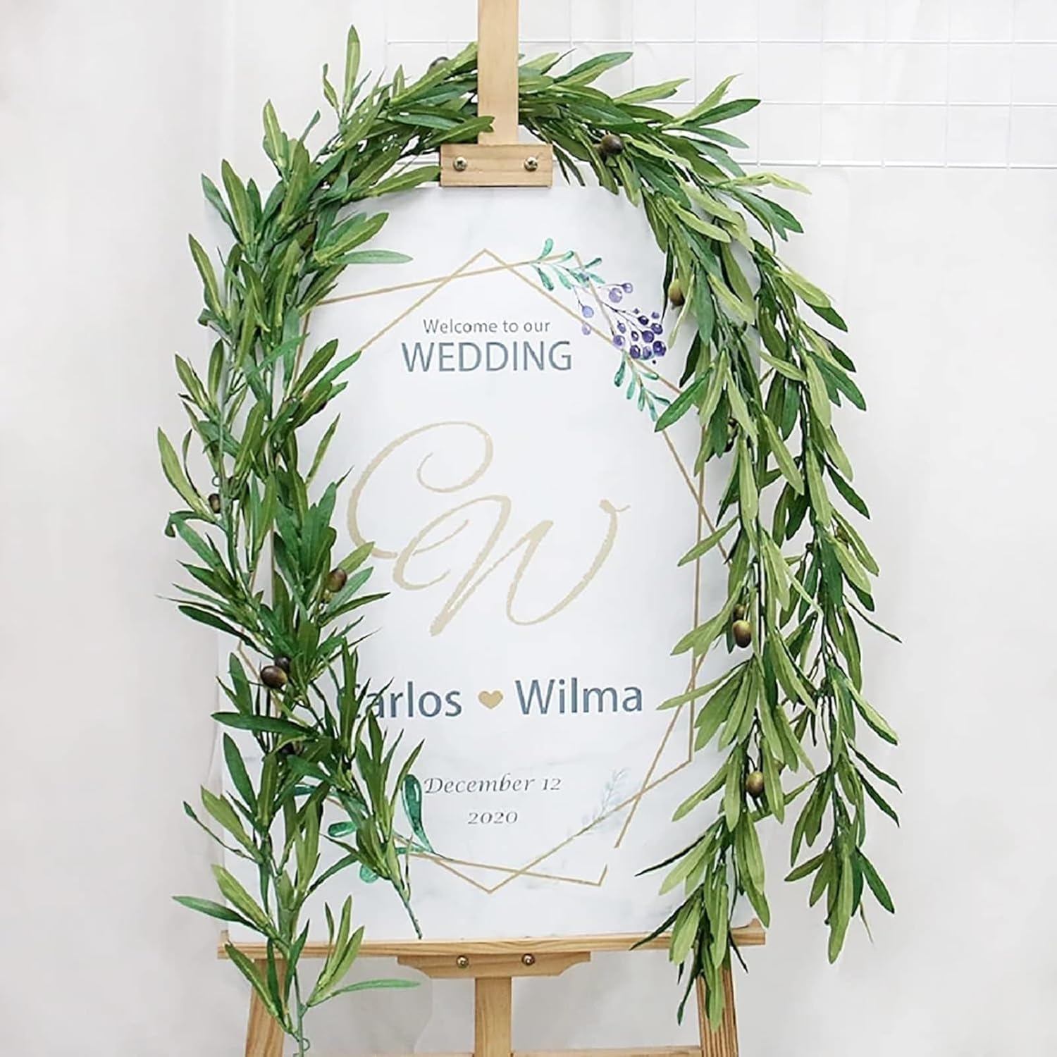 Emivery 2 Pack Artificial Olive Leaf Vine Garland, Hanging Greenery Ivy Vine Twigs Faux Olive Branches Garlands with Fruits for Wedding Backdrop Home Party Christmas Festival Decor
