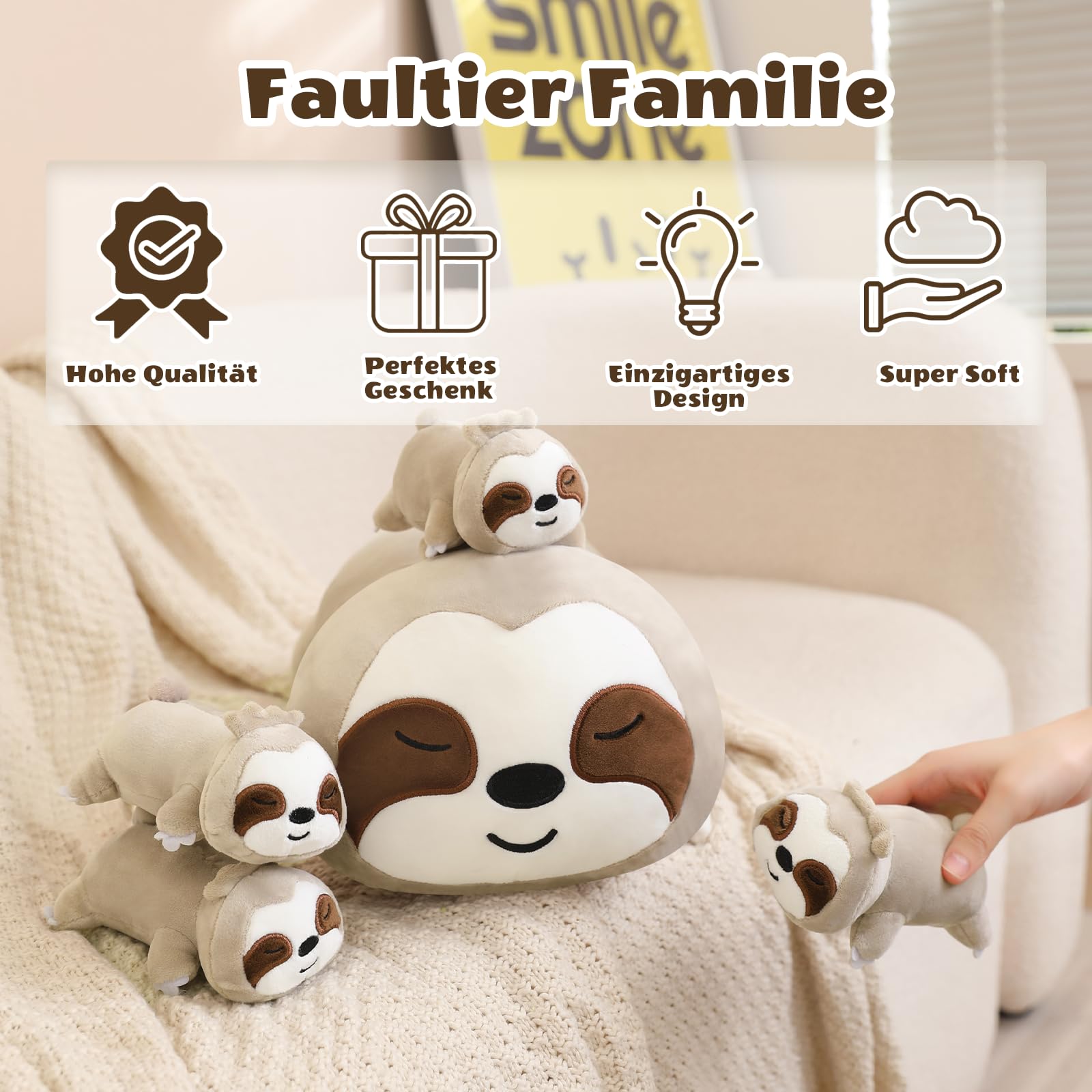 SQEQE Sloth Plushies Stuffed Animals with 4 Babies, Cute Sloth Plush Pillow Soft Toy Birthday Gifts for Girls Boys
