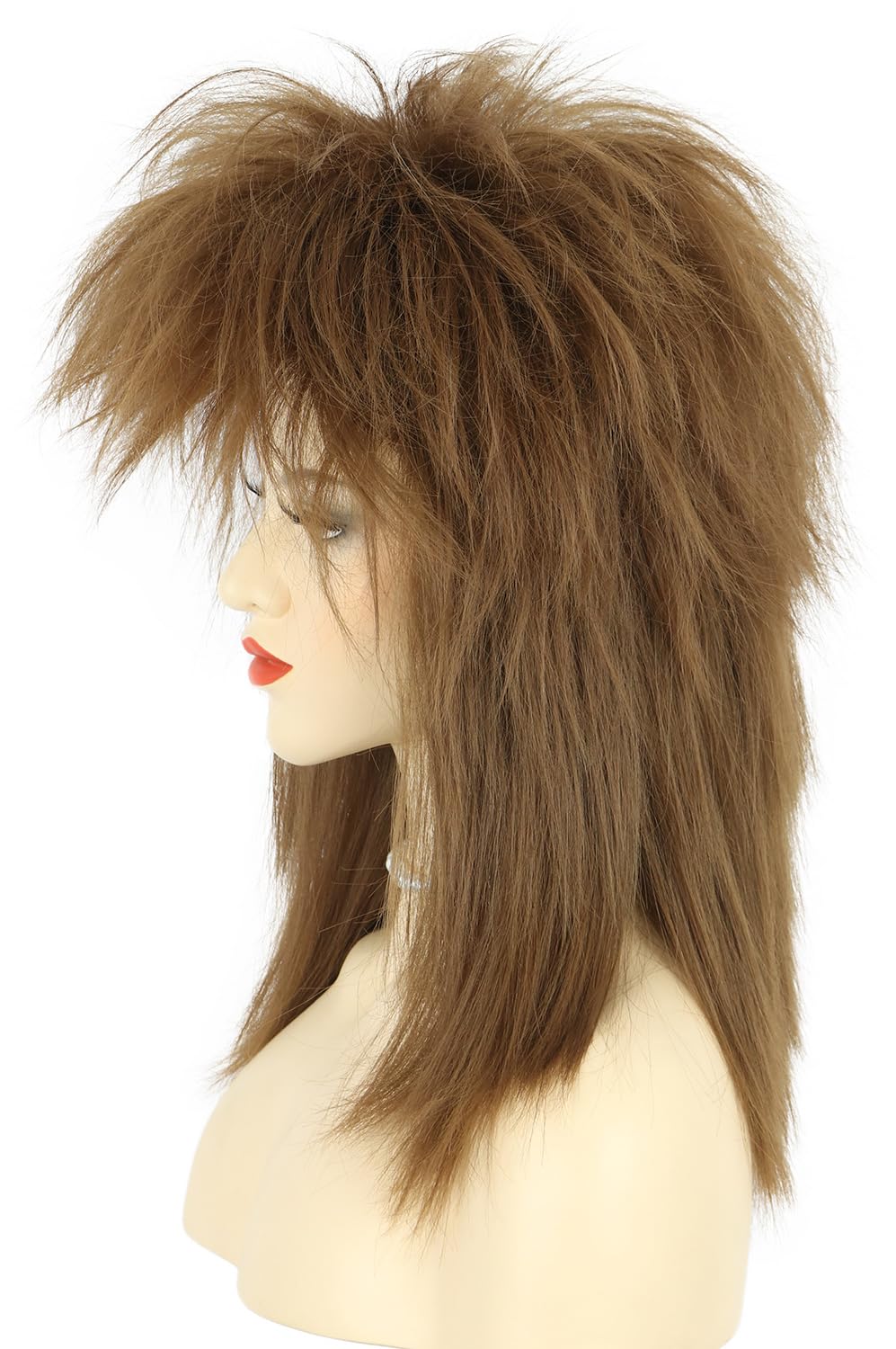 karlery Women Men Long Curly Brown Wig with Necklace 70s 80s Rocker Mullet Costume Halloween Cosplay Party Wig - Image 3