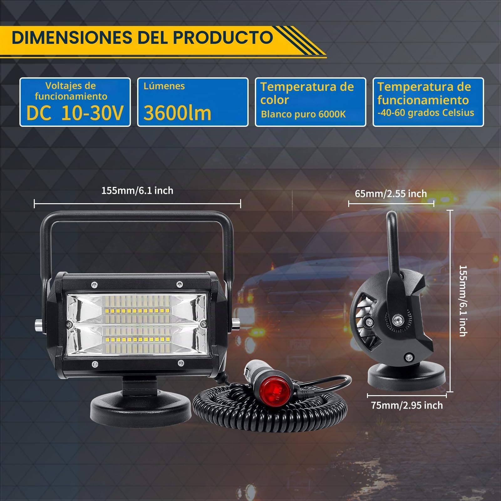 SKYWORLD Faros trabajo led con imán 15cm 72W portatil lámpara trabajo led 12V 24V inundación con soporte de base magnética para off road camión coche todoterreno suv 4x4 vehículos