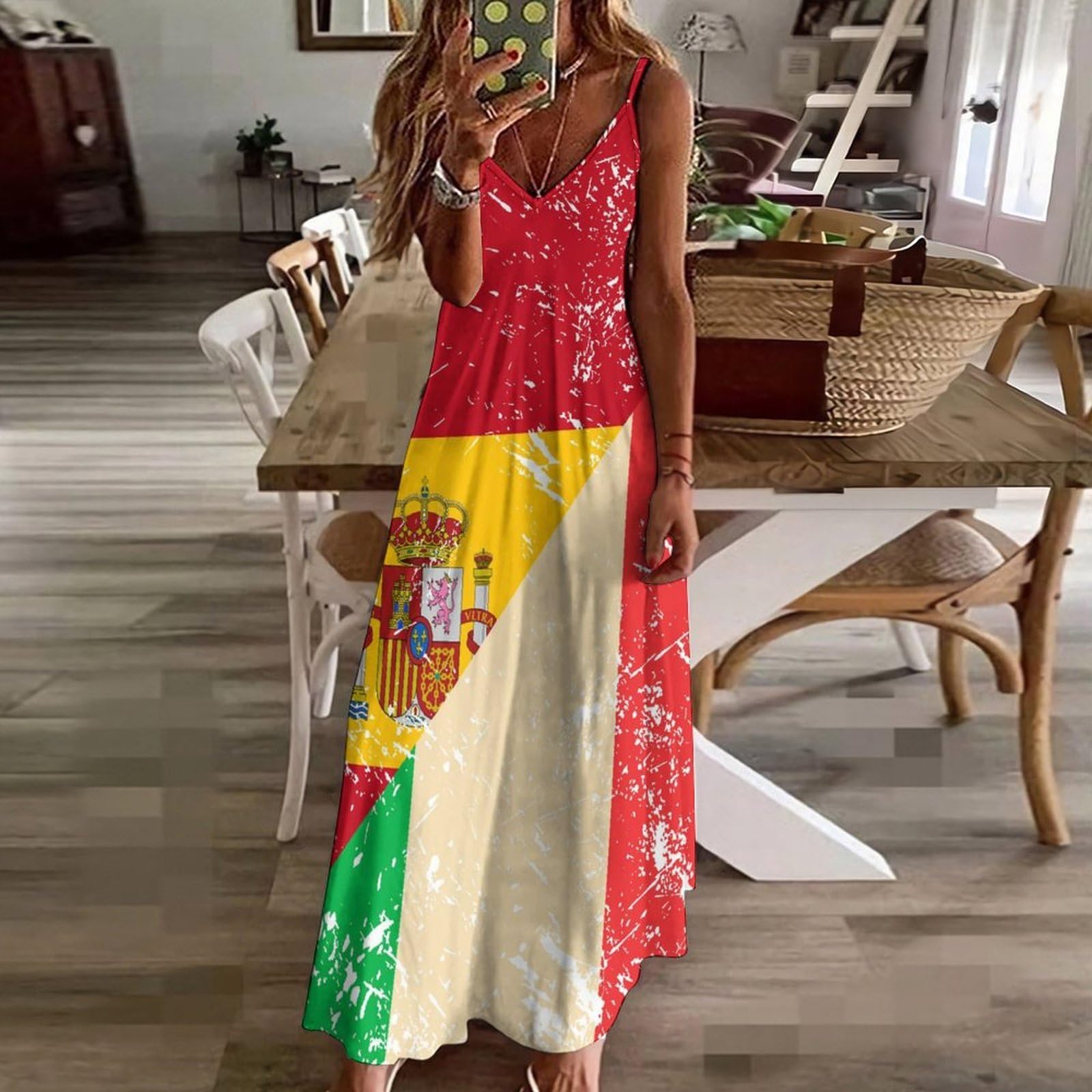 Vestido casual con la bandera vintage de Italia y España para mujer, vestido largo de espagueti ajustable, largo hasta el tobillo con volantes, vestido de verano fluido