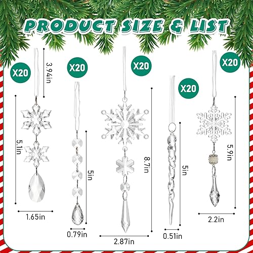 Miniatura 2 de 100 adornos de Navidad de cristal para colgar, decoraciones de árbol de Navidad, adornos acrílicos transparentes de copo de nieve y carámbano con