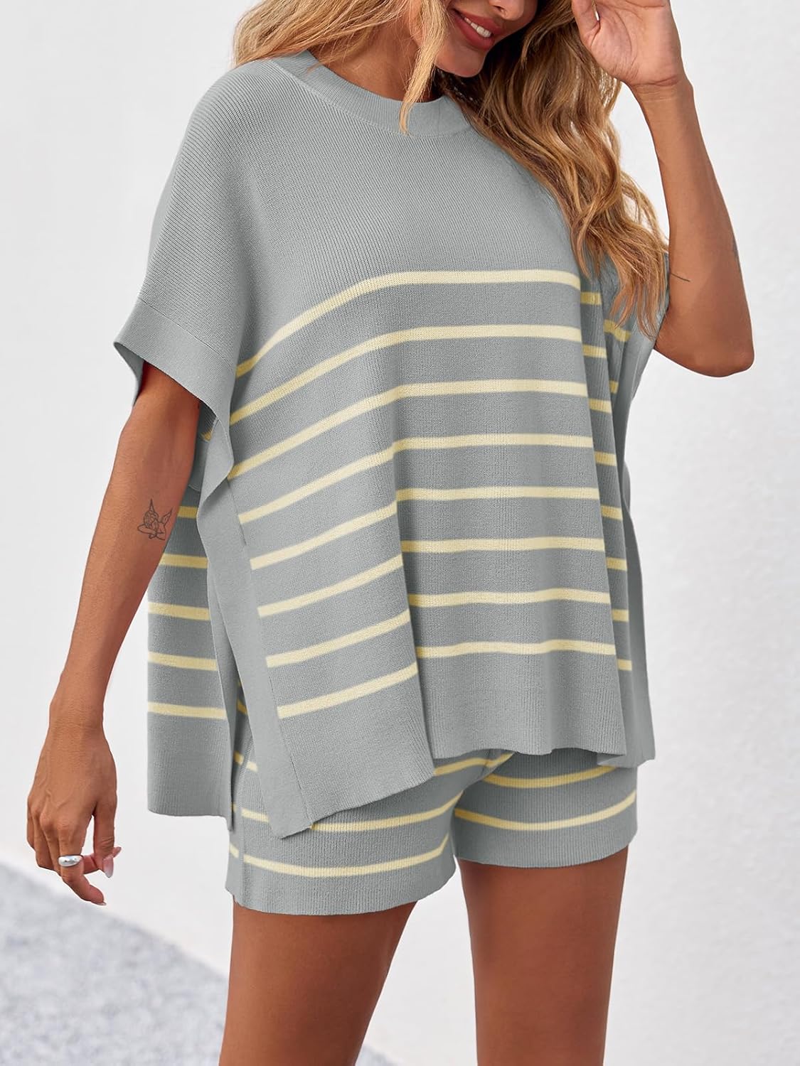 Fisoew Women's Striped 2 Piece Outfits Oversized Batwing Short Sleeve Tops High Waisted Shorts Summer Knit Lounge Short Sets Light Grey - Image 3