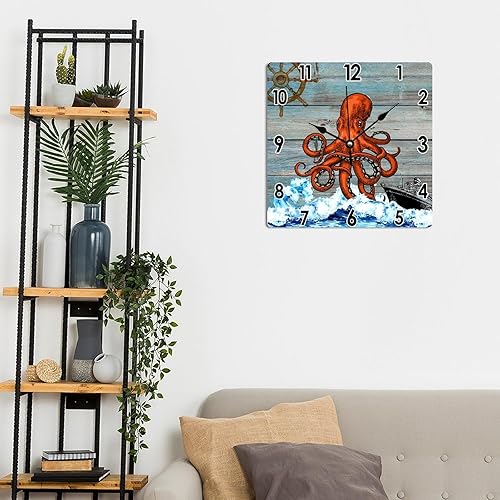 Miniatura 5 de Reloj náutico de pulpo costero con timón antiguo, para pared, acuarela, olas de mar, velero, velero, reloj de pared de PVC, relojes náuticos de