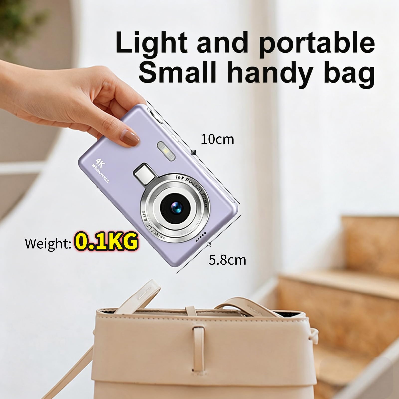 Fotocamera Digitale 4K 50MP, Macchina Fotografica Compatte per Ragazzi, Zoom 16X, Schermo LCD da 2,4", Scheda 64G, Batteria Integrata, Ideale per Bambini, Adolescenti, Principianti, Lilla