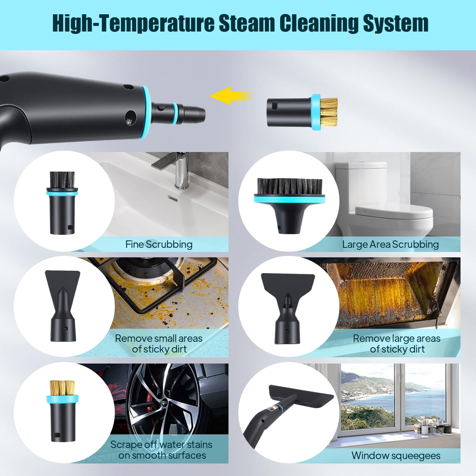 Pulitore a vapore manuale da 2500 W, 4,5 bar ad alta pressione e 15 s, serbatoio dell'acqua da 1250 ml, 9 accessori per cucina (piano cottura in ceramica), auto, pavimento, finestra, barbecue