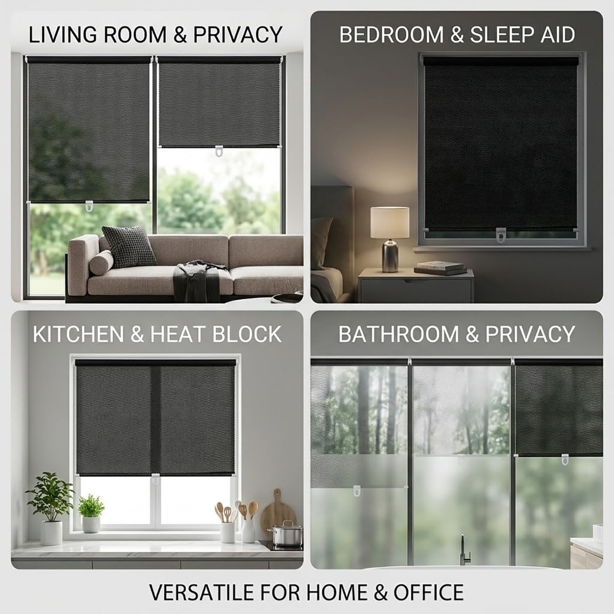 Verdunkelungsrollo ohne Bohren mit Saugnäpfen, Sonnenschutz Fenster innen, Sichtschutz Fensterrollo Saugnapf Verdunkelungsrollos, Einziehbarer Temporäre Jalousien für Küche(Schwarz,W75 x H165cm)