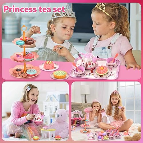Miniatura 8 de Lajeje Juego de té para niñas pequeñas, regalo para niños de 3, 4, 5, 6 años, juguetes para niños pequeños, juego de fiesta de té para niñas