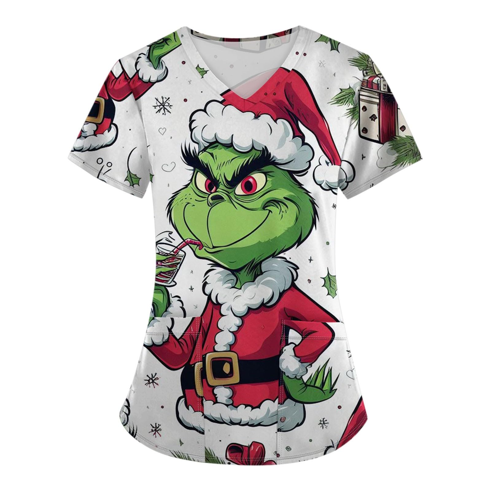 HGWOPGASD Christmas Scrub Tops Woman Scrub Tops Women Christmas Scrubs Christmas Scrub Top Christmas Scrub Tops Working Uniform Tops V-Neck Short Sleeve Printed Uniform Career Shirts with 2 Pockets