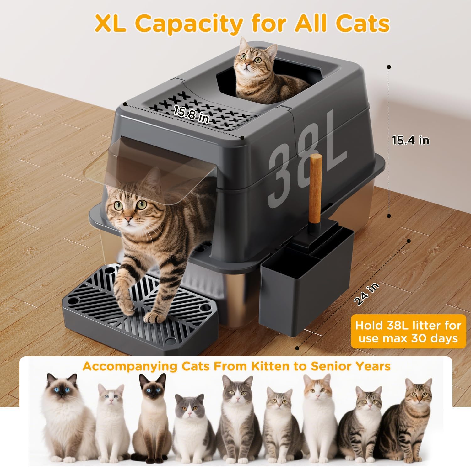 Stainless Steel Litter Box with Lid, XL Closed Metal Litter Box Modular Design with Flip Lid Fits All Cats, Extra Large Covered High Sided Cat Box, Scoop, Non-Sticky, Easy Cleaning (Dark Grey)