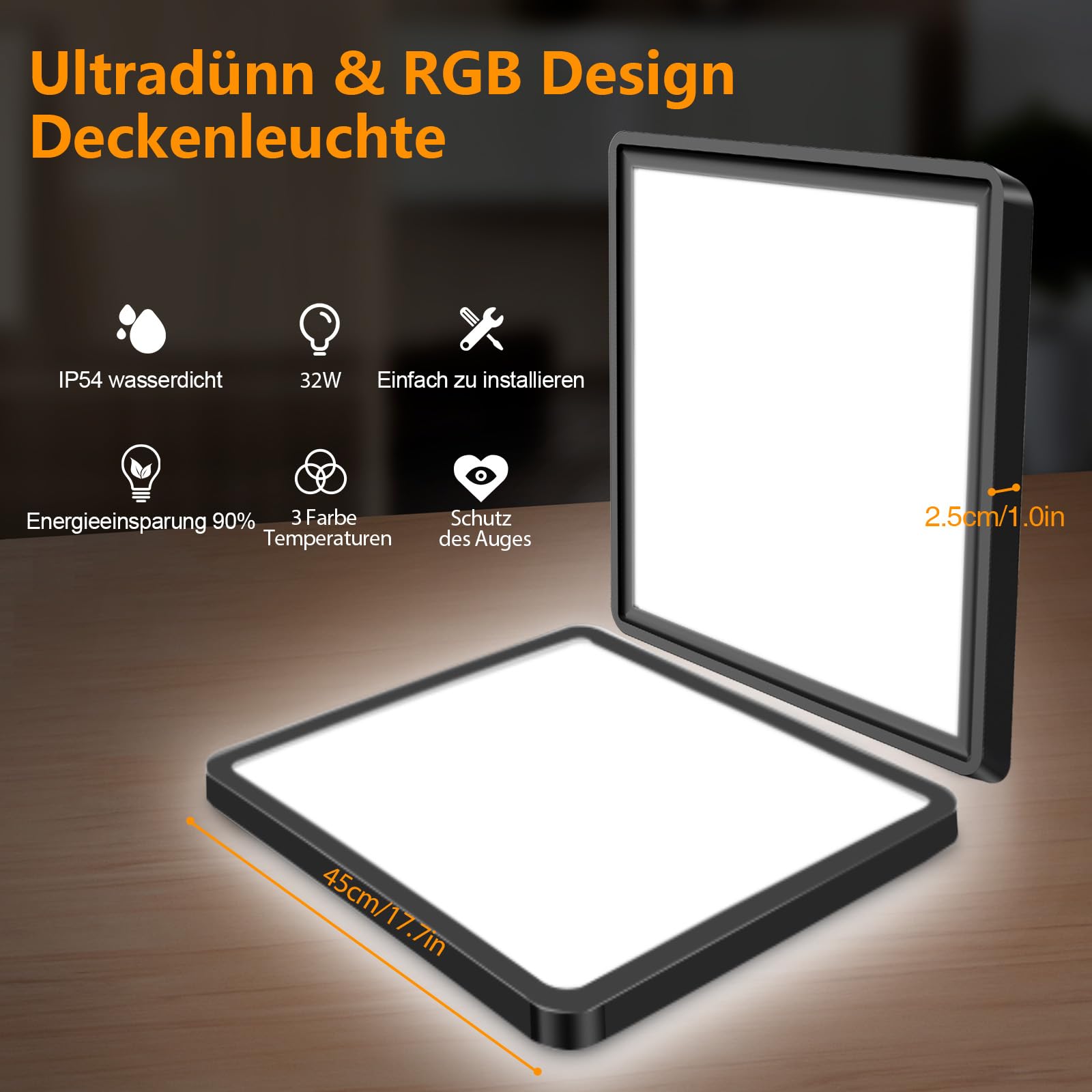 LED Deckenleuchte 32W 6000K/4000K/3000K, 4000LM IP54 Ultra Dünn Deckenlampe, Flach Quadrat Modern Badezimmer Lampe Küchenlampe für Flur Schlafzimmer Balkon Wohnzimmer Ø45CM, Schwarz 1Stücke