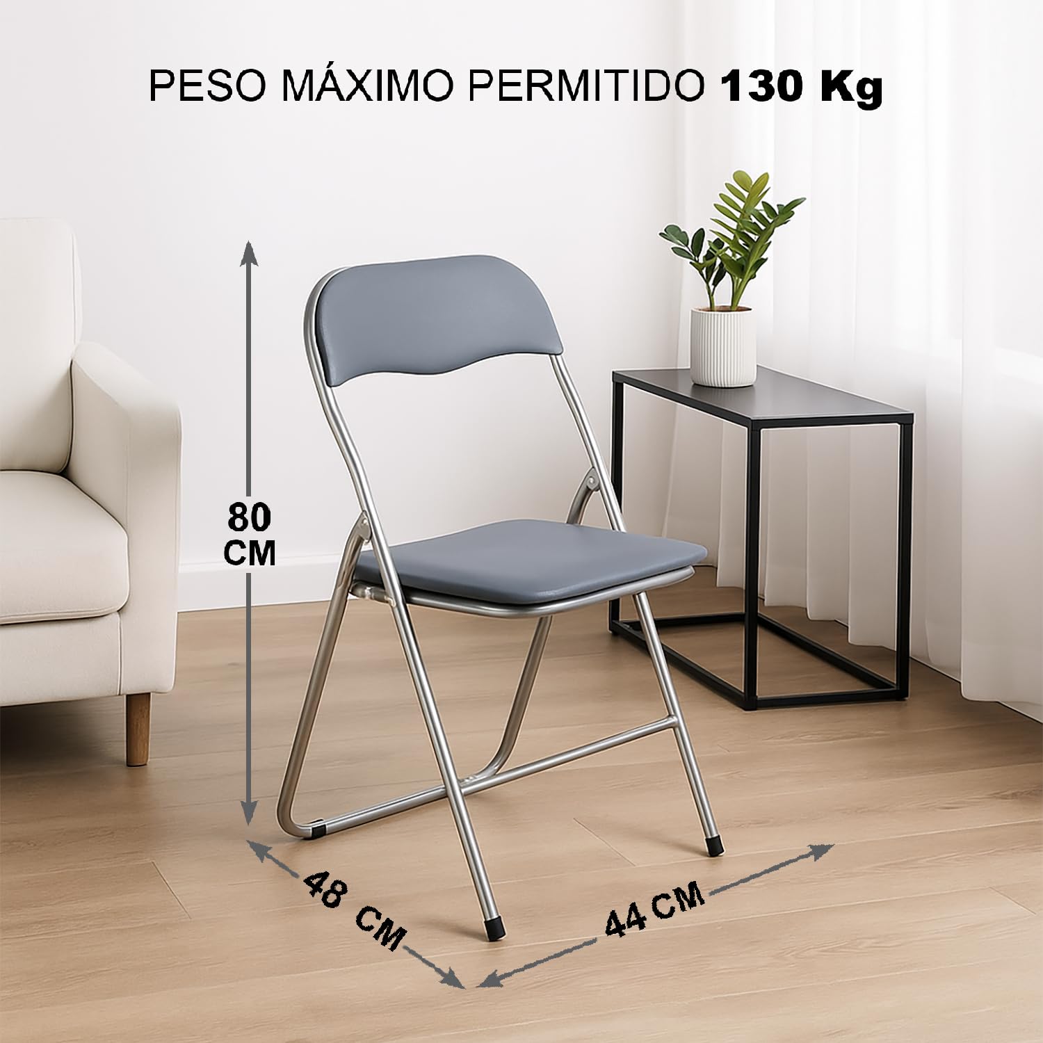 TIENDA EURASIA – Sillas Plegables | Pack de 6 | Material Estructura de Metal y Cuero Sintético | Asiento Acolchado | Respaldo Extendido | 44x48x80 cm | Color Gris