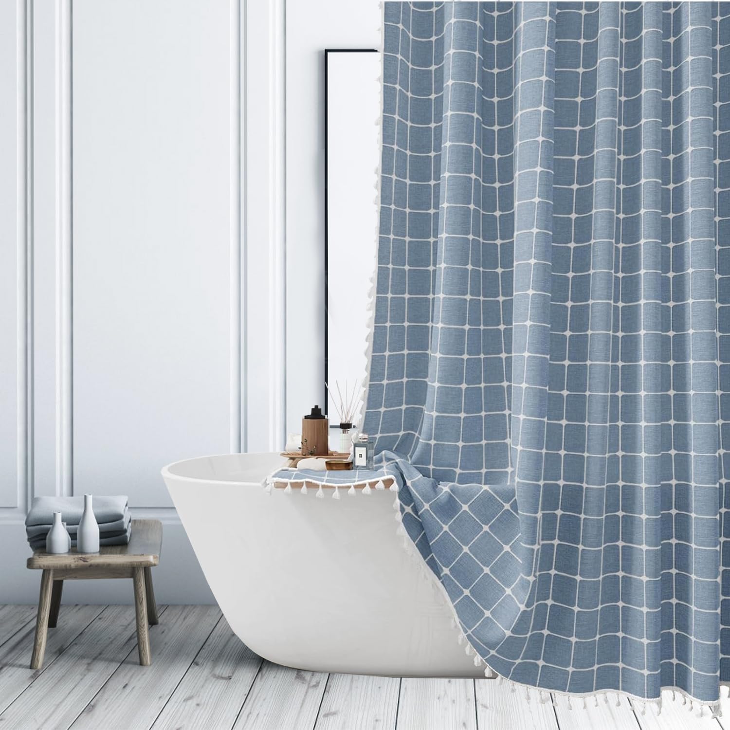 Blue Checkered Shower Curtains Farmhouse Striped Patchwork Neutral Shower Curtains for Bathroom Rustic Heavy Duty Bathroom Curtain Set with Tassel Bohemian Solid Cloth Shower Curtain 72x96 Inch