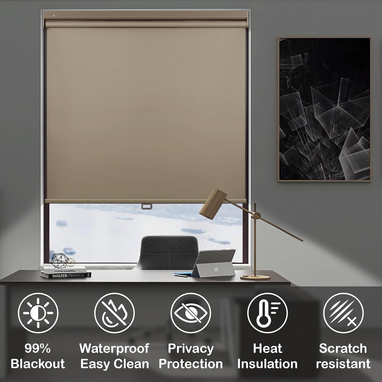 HESTIA No Drill Cordless Blackout Roller Shades Screwless Waterproof Shower Window Blinds, Auto-Retraction Easy Install Blind for Bathroom/Kitchen/Office/Exterior, Greige, 20" W x 54" H