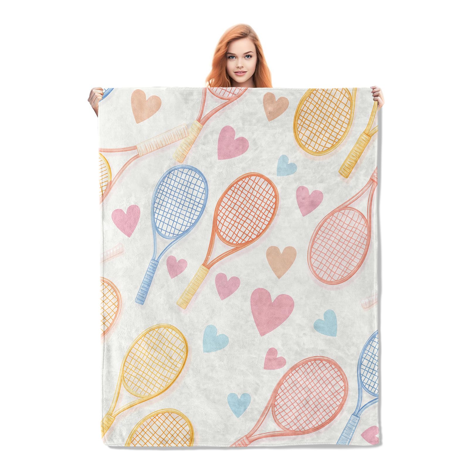 Tennis Rrackets and Hearts Blanket Gifts for Women Girls Soft Warm Lightweight Cozy Plush Sport Game Throw Blankets for Bedroom Living Room Sofa Home
