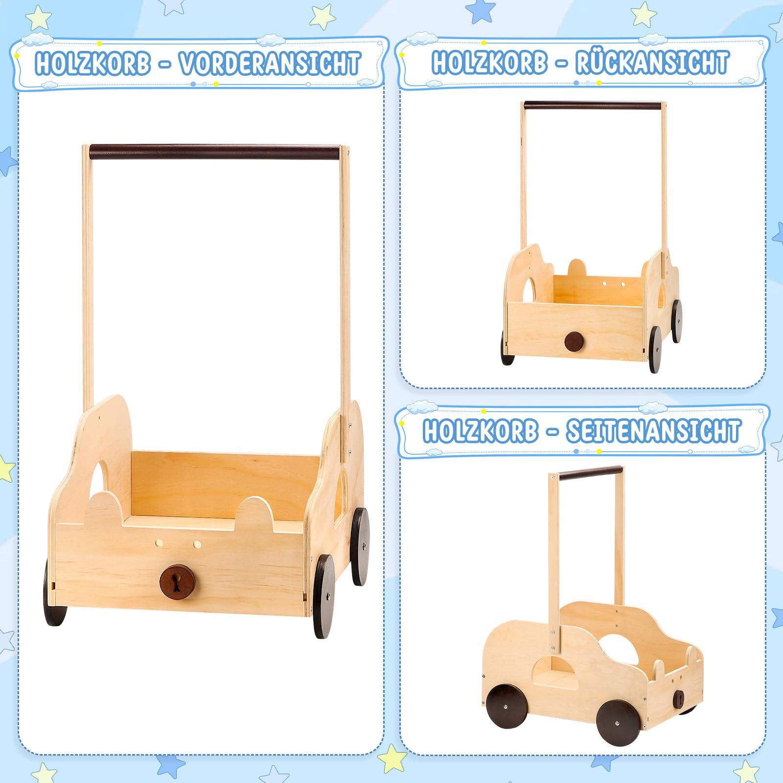 ONUEMP Cestino per bambini in legno con motivo orso, contenitore con ruote e maniglia, 40 x 30 x 58 cm, scatola regalo personalizzabile, per baby shower, legno naturale