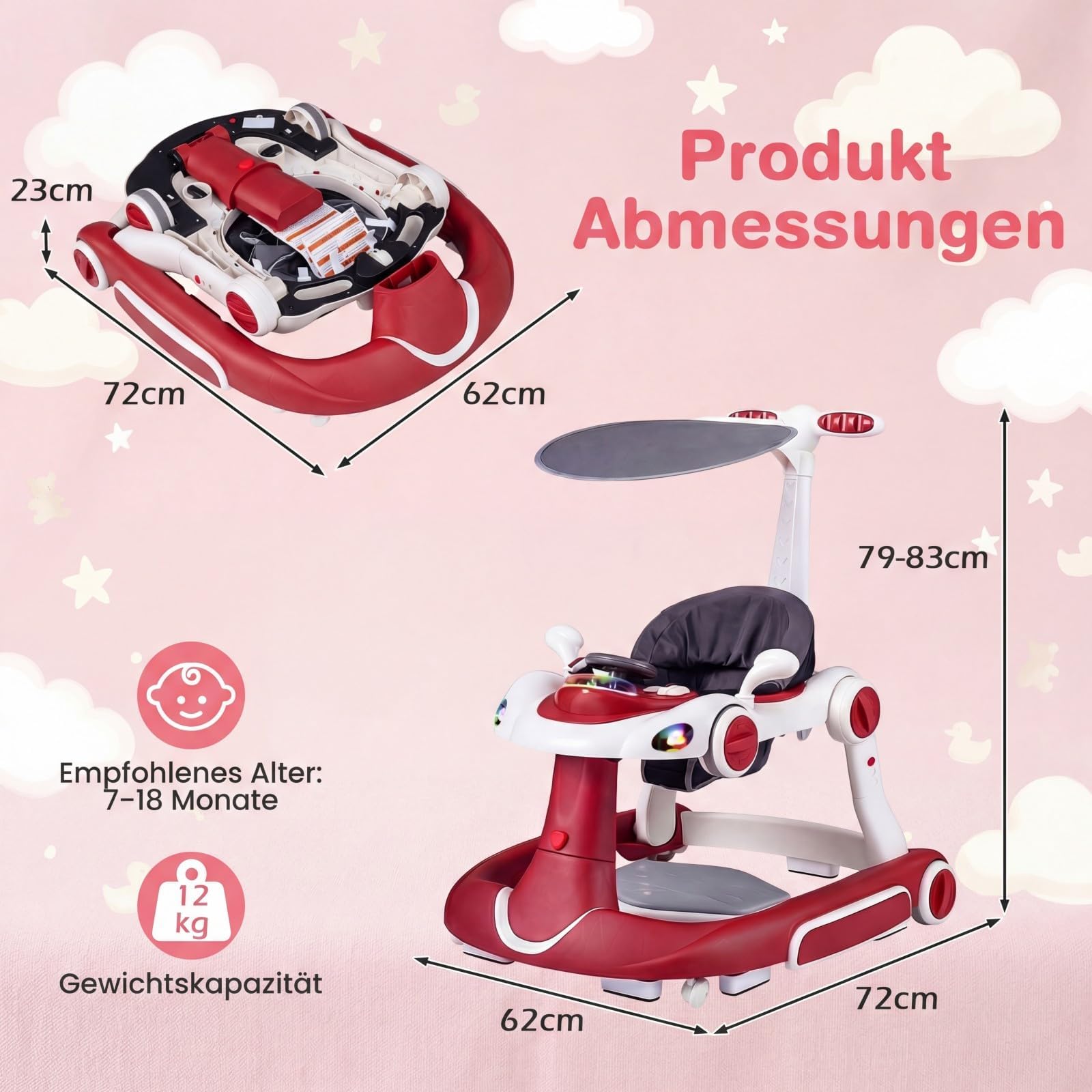 FANTASK 7 in 1 Lauflernhilfe mit abnehmbarem Verdeck, Lauflernwagen höhenverstellbar mit Spielboard, Musik, Licht & Rädern, Gehfrei mit einstellbarer Geschwindigkeit für Baby ab 6 Monaten (Weinrot)