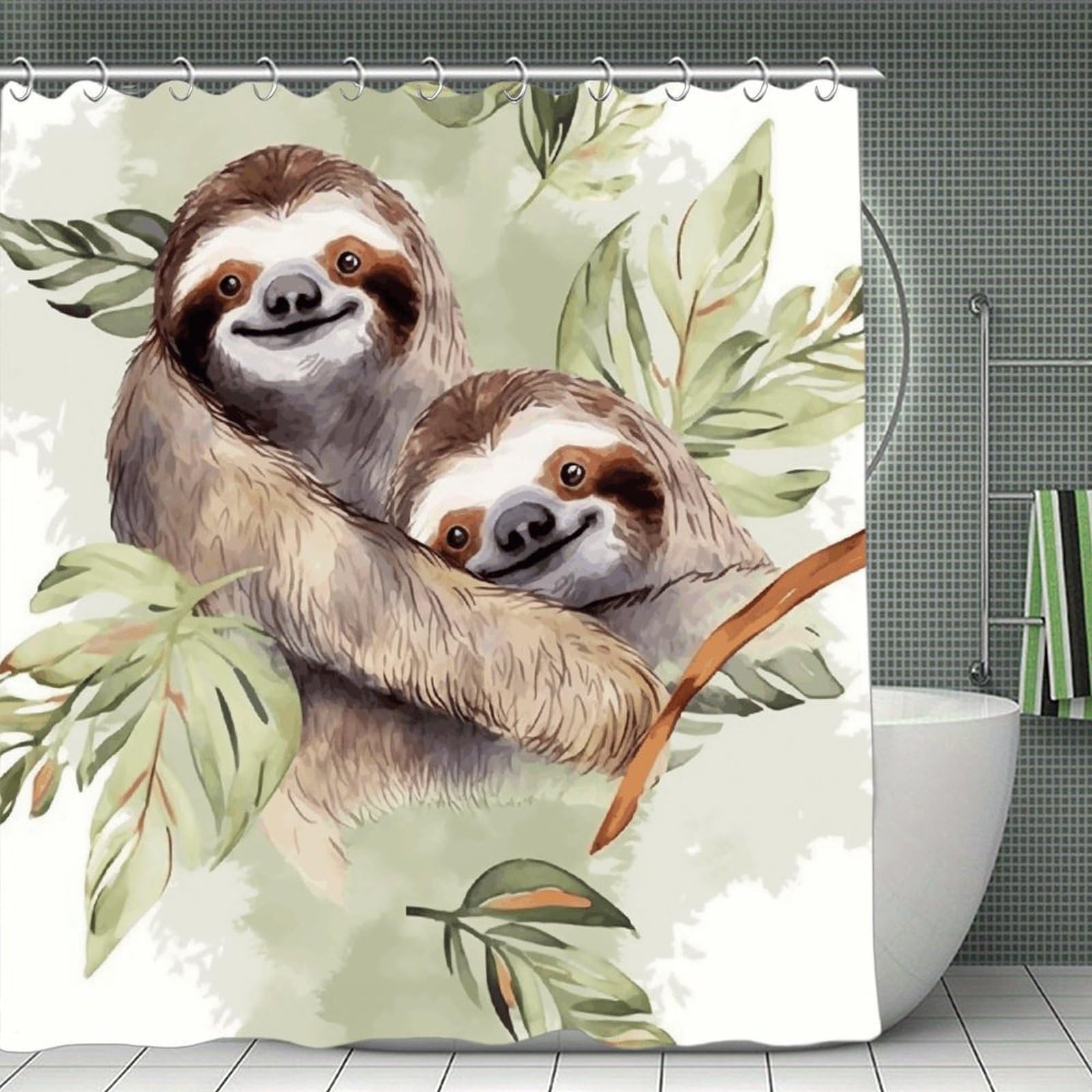VstaDank Watercolor Sloth Shower Curtain Waterproof Bathroom Curtain with Hooks Luxury Weighted Bath Curtains for Bathtubs Showers Room Dividers Decorative Shower Curtains 71x71 in