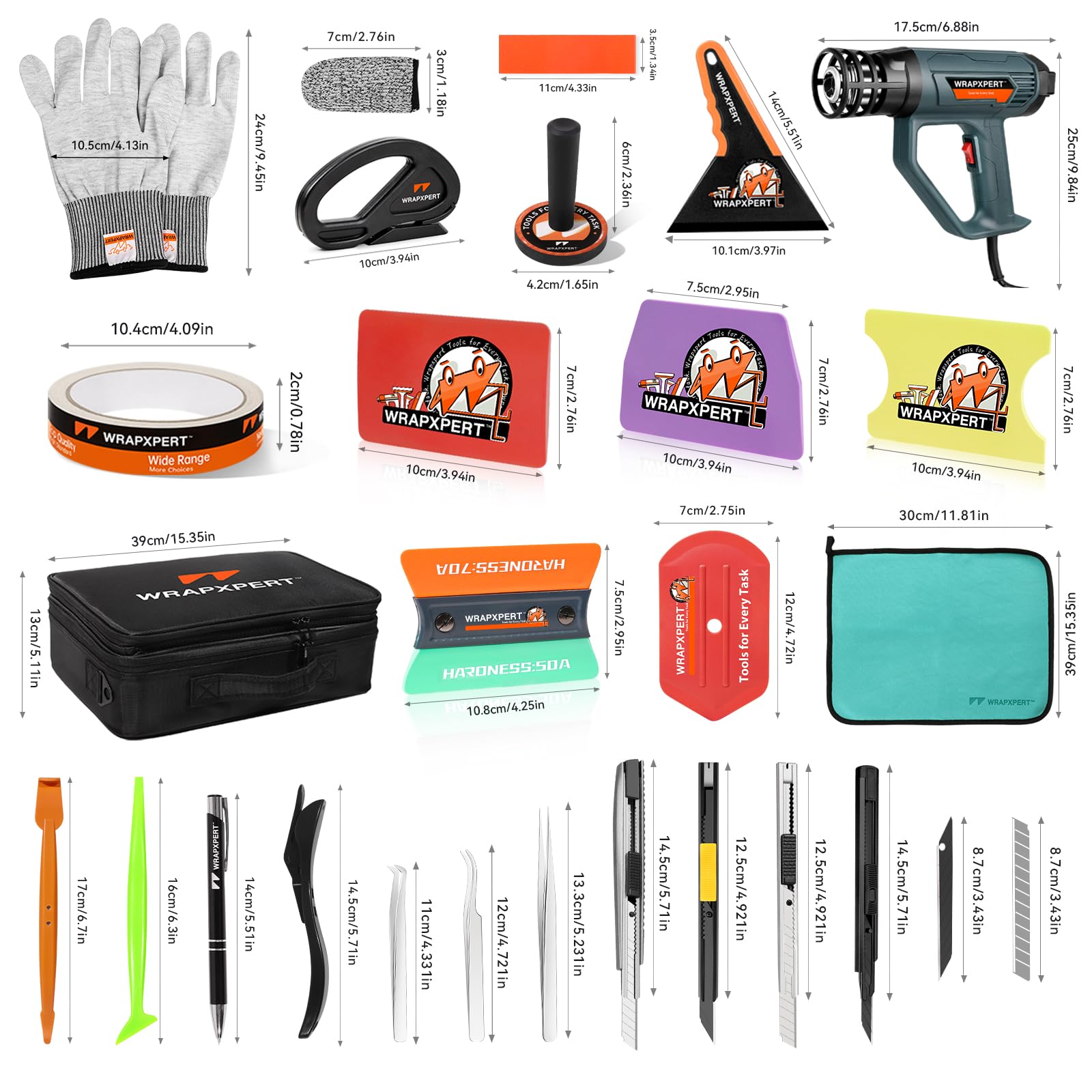 WRAPXPERT Kit de herramientas de envoltura de vinilo con pistola de calor para vinilo, herramientas de envoltura de vinilo para vehículos, kit de envoltura de coche con escobilla de goma, cuchillo