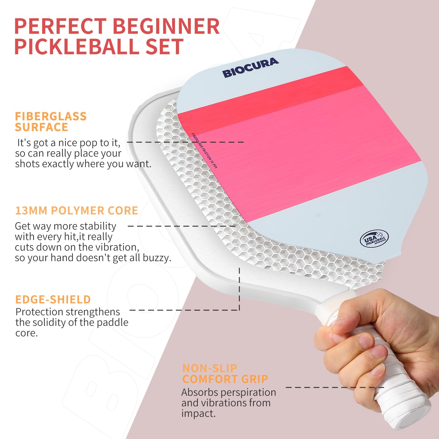 Set di racchette da pickleball, superficie in fibra di vetro con racchette da pickleball, set di racchette da pickleball, per uomini e donne