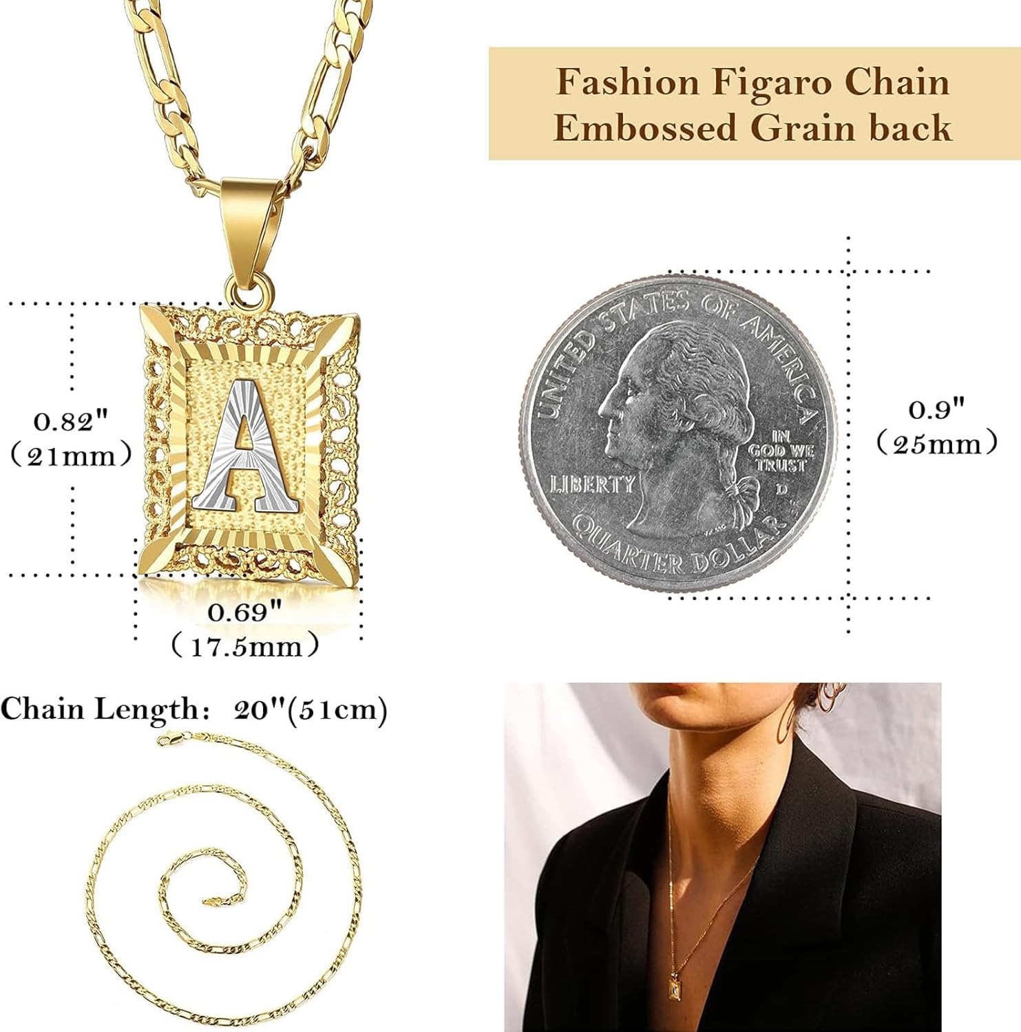 KissYan Initial Letter Pendant Necklace for Mens Womens, 14K Gold Plated Square Capital Monogram Necklaces Alhpabets from A-Z Figaro Chain Jewelry Gift - Image 9