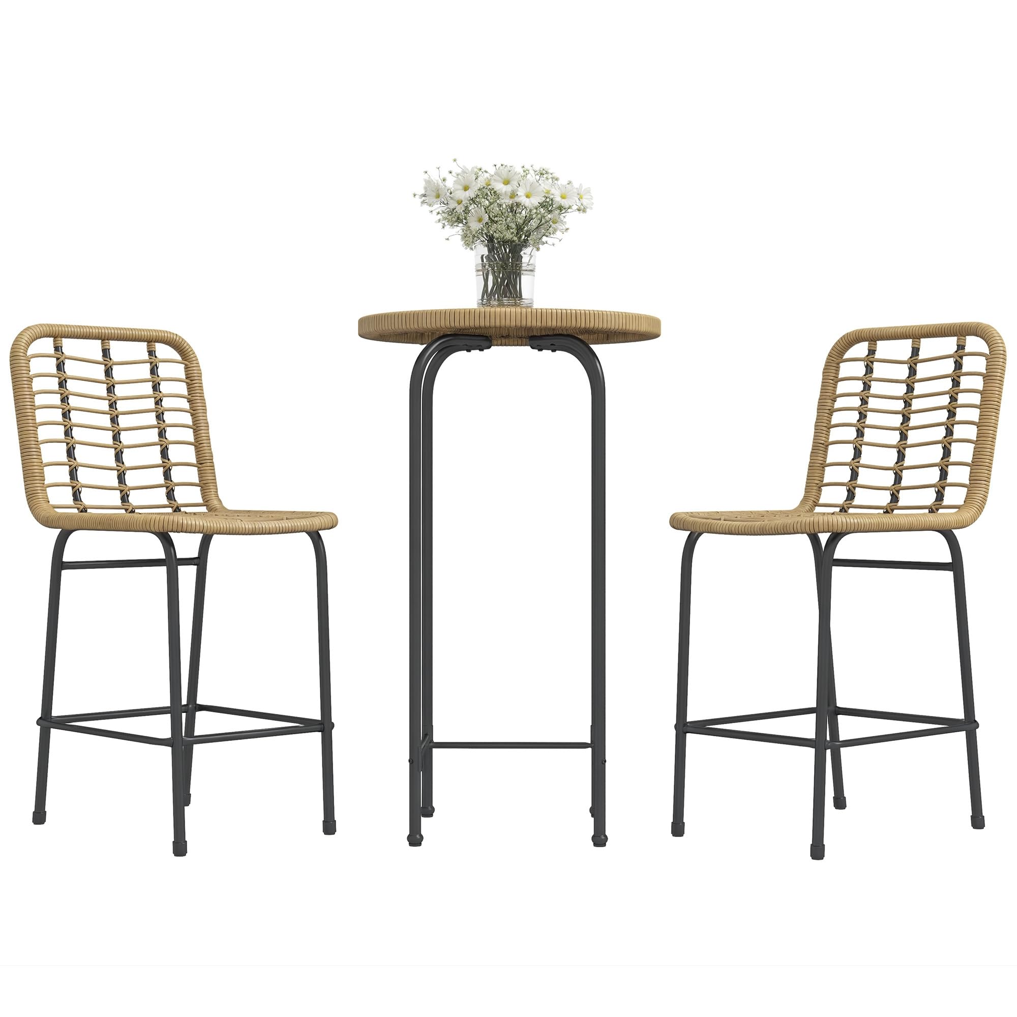 Outsunny Ensemble de Bar de Jardin 3 pièces Table Haute Ronde Design bohème + 2 tabourets Ronds Repose-Pied métal Naturel Noir