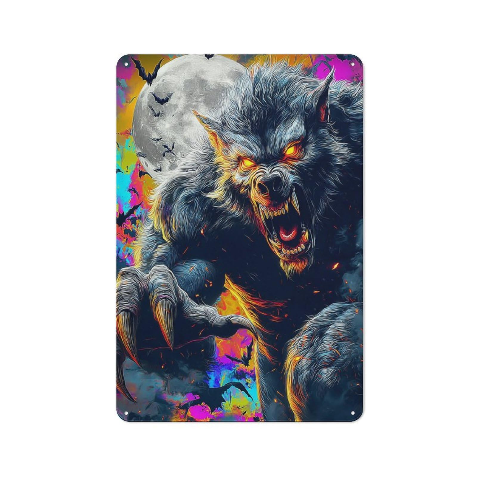 Junmoney Fiery Werewolf Under The Moonlit Sky Decorative Tin Plaque 30X20cm, Vintage Bar Wall Plaque For Bar, Kitchen, Garage Or Games Room