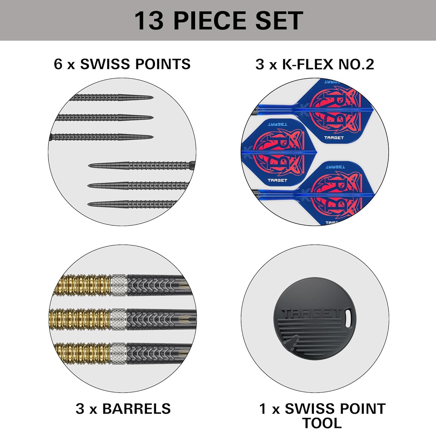 Target Darts Raymond Van Barneveld Steel Tip Generation 6 Dart Set, 21G/23G/25G | 95% Tungsten Darts, K-Flex No.2 Flights & Shafts, Swiss Chrono Points Black & SP Tool Included | Player Edition