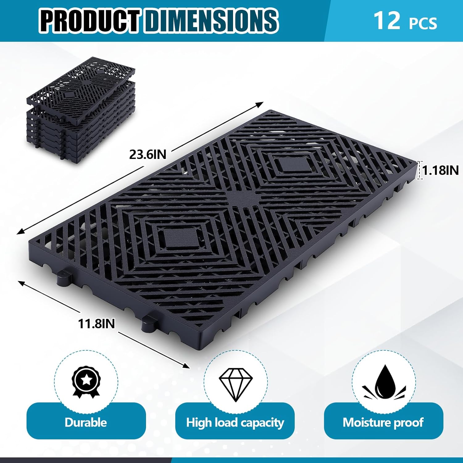 12 Pcs Plastic Pallets 23.6 x 11.8 x 1.18 Inch Lightweight Moisture-Proof Waterproof Floor Pallet Breathable Grid Ventilation Storage Pad for Garages, Kitchen, Basement, Attic