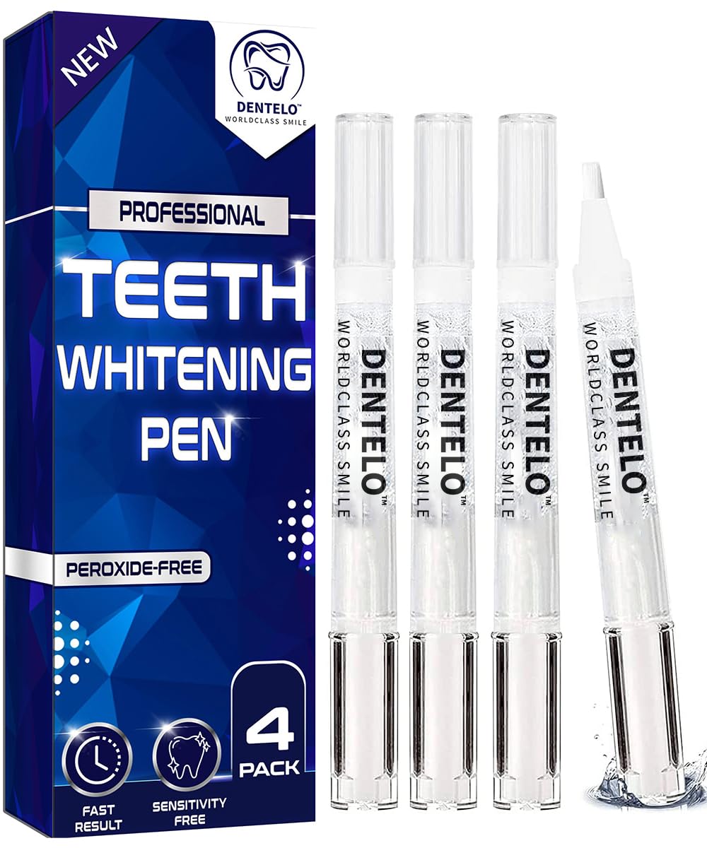 DENTELO Teeth Whitening Pen (4 Pens) - 30+ Uses, Non-Sensitive - Removes Years of Stains - Safe for Enamel – 100% Natural Formula, Dentist Formulated, Non-Toxic, Easy to Use, Travel-Friendly