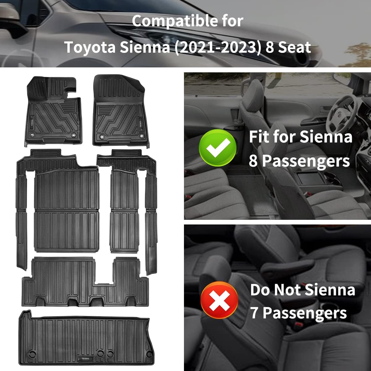 Vanseno Floor Mats & Cargo Liner Compatible for Toyota Sienna 2021 2022 ...
