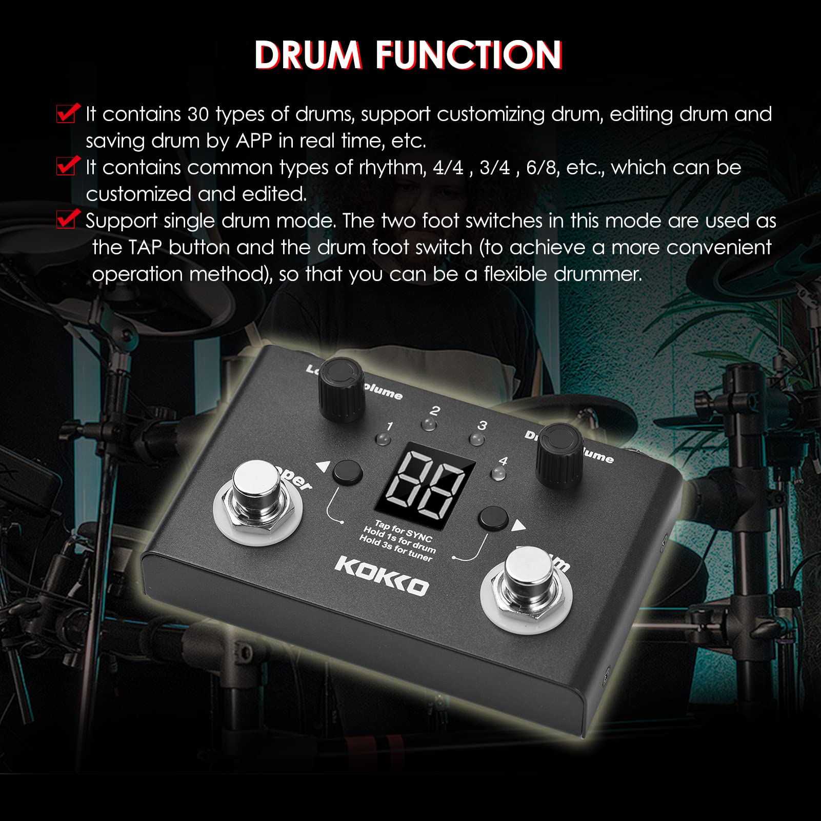 Multifonctionnel Drum & Looper Effet Pedal Tuner BT Page-Turner Phrase Loop Recording Drum Machine Effect Compact Pedal Instrument de musique portable Pédale d'effet Tuner numérique,Pédale d